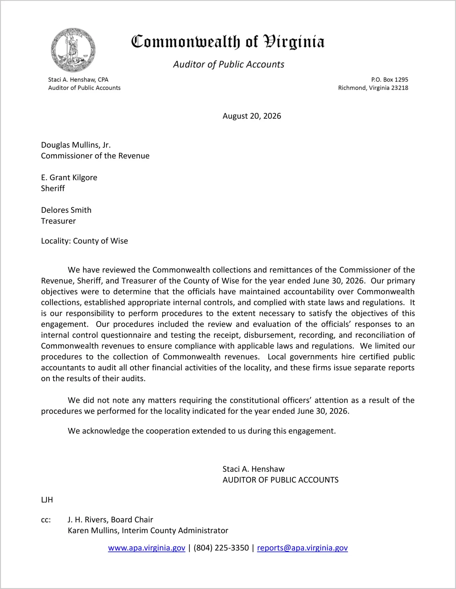 preview of Commonwealth Collections and Remittances of the Commissioner of the Revenue, Sheriff, and Treasurer for the County of Wise for the year ended June 30, 2026