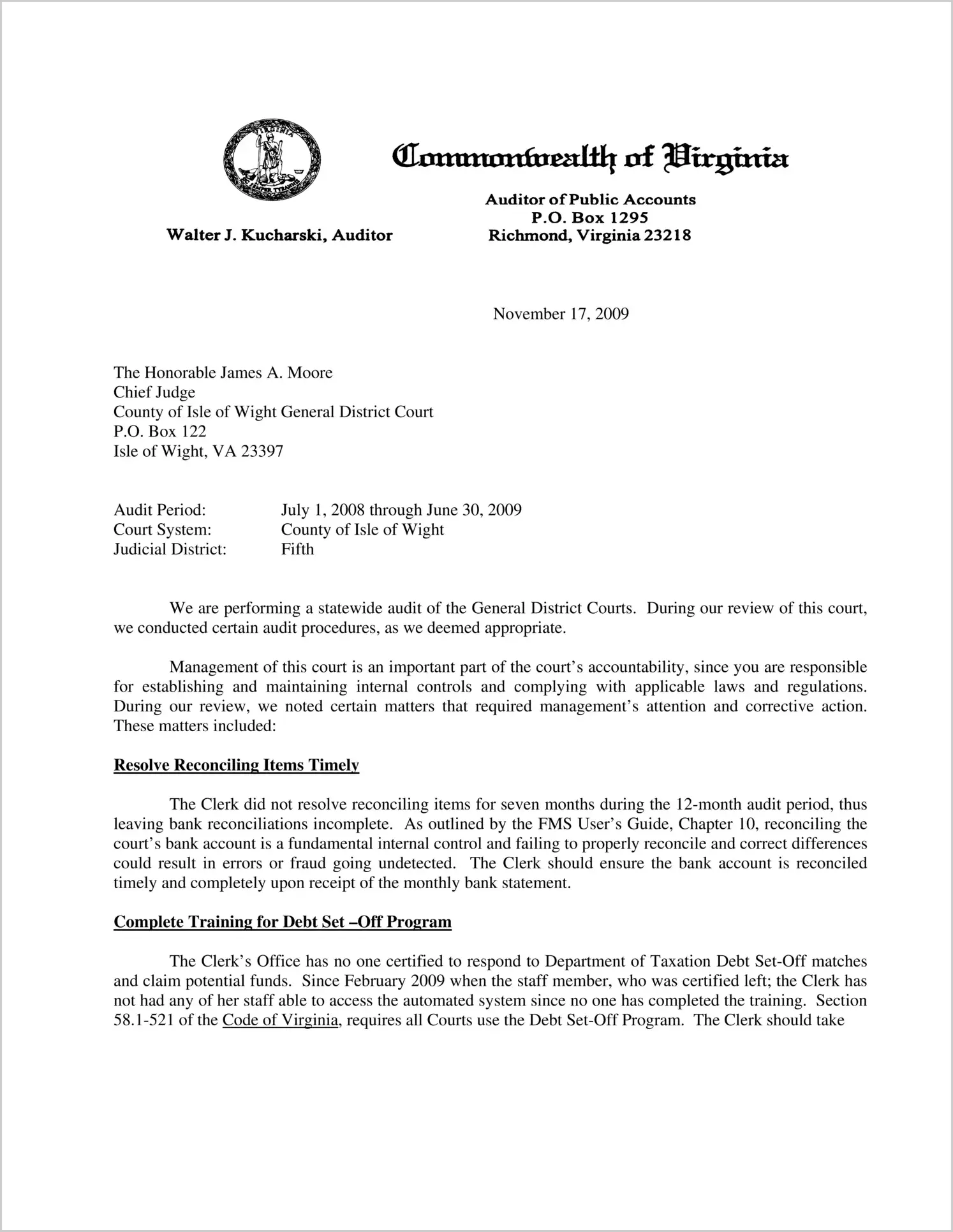 Clerk of the General District Court for the County of Isle of Wight for the period July 1, 2008 through June 30, 2009