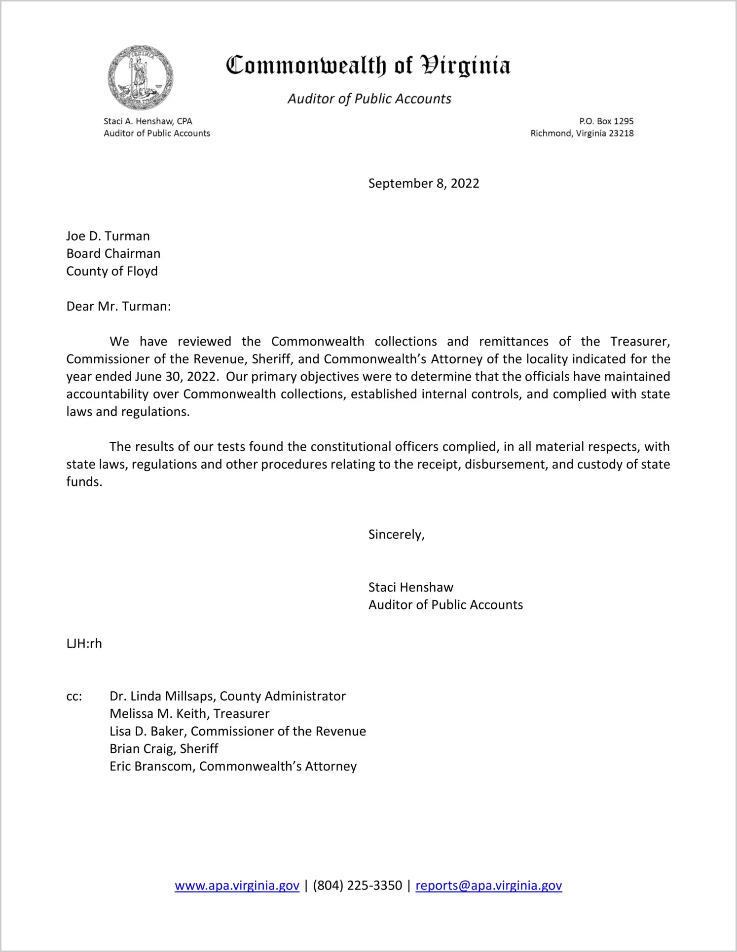 Commonwealth Collections and Remittances of the Treasurer, Commissioner of Revenue, Sheriff, and Commonwealth? Attorney for the County of Floyd for the year ended June 30, 2022