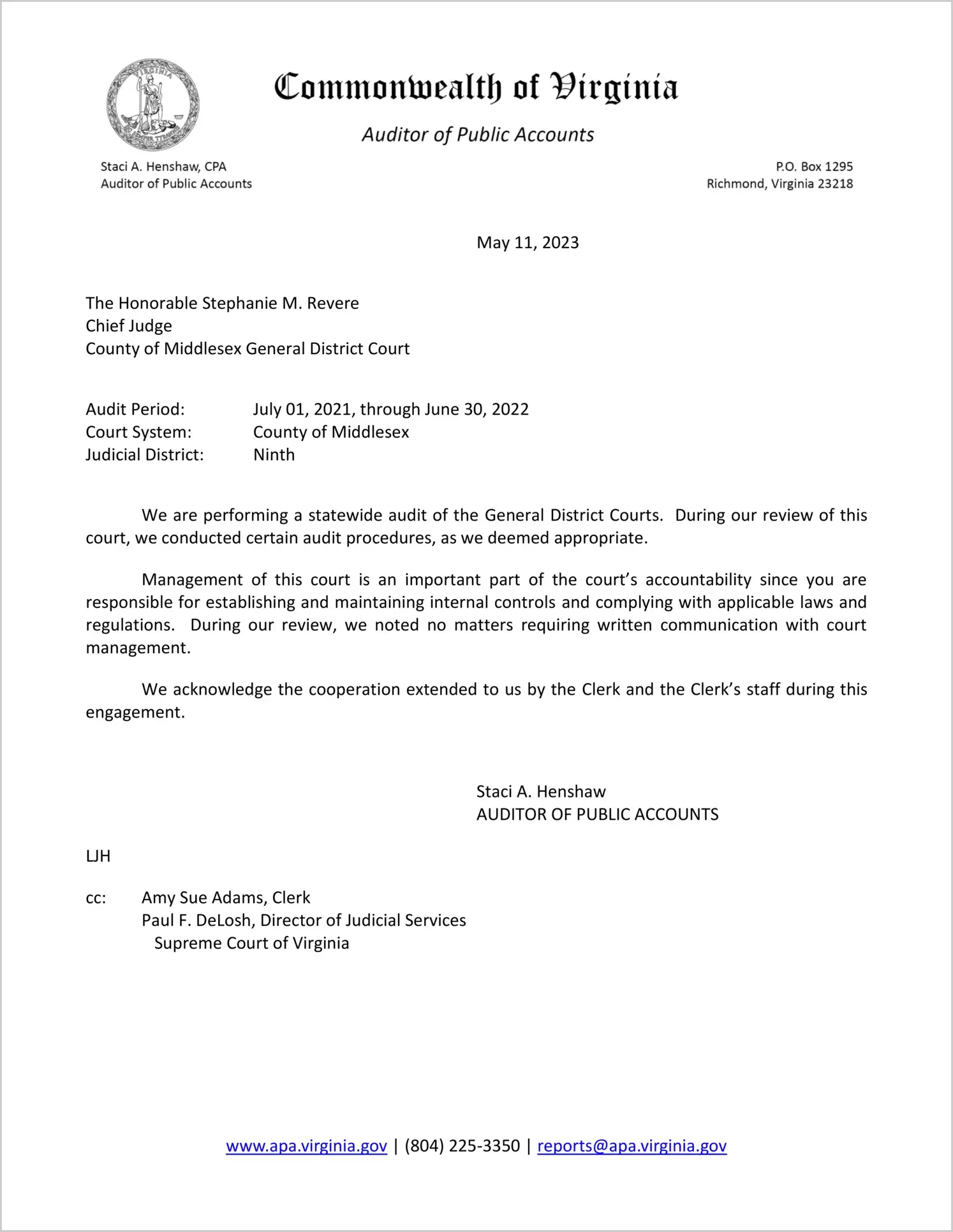 General District Court for the County of Middlesex for the period July 1, 2021 through June 30, 2022