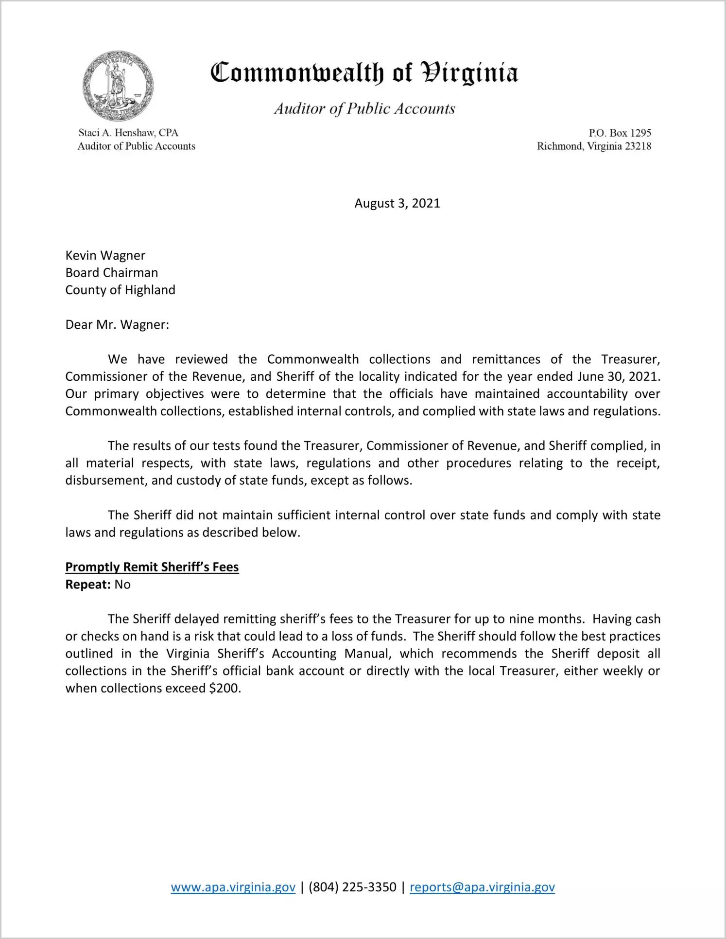 Commonwealth Collections and Remittances of the Treasurer, Commissioner of the Revenue, and Sheriff for the County of Highland for the year ended June 30, 2021