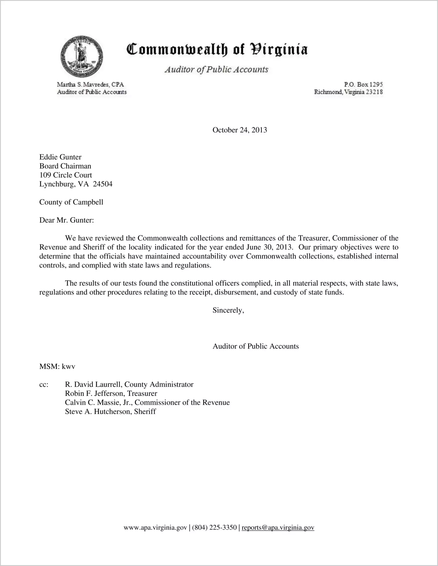 Commonwealth collections and remittances of the Treasurer, Commissioner of the Revenue, and Sheriff of the County of Campbell for the year ended June 30, 2013
