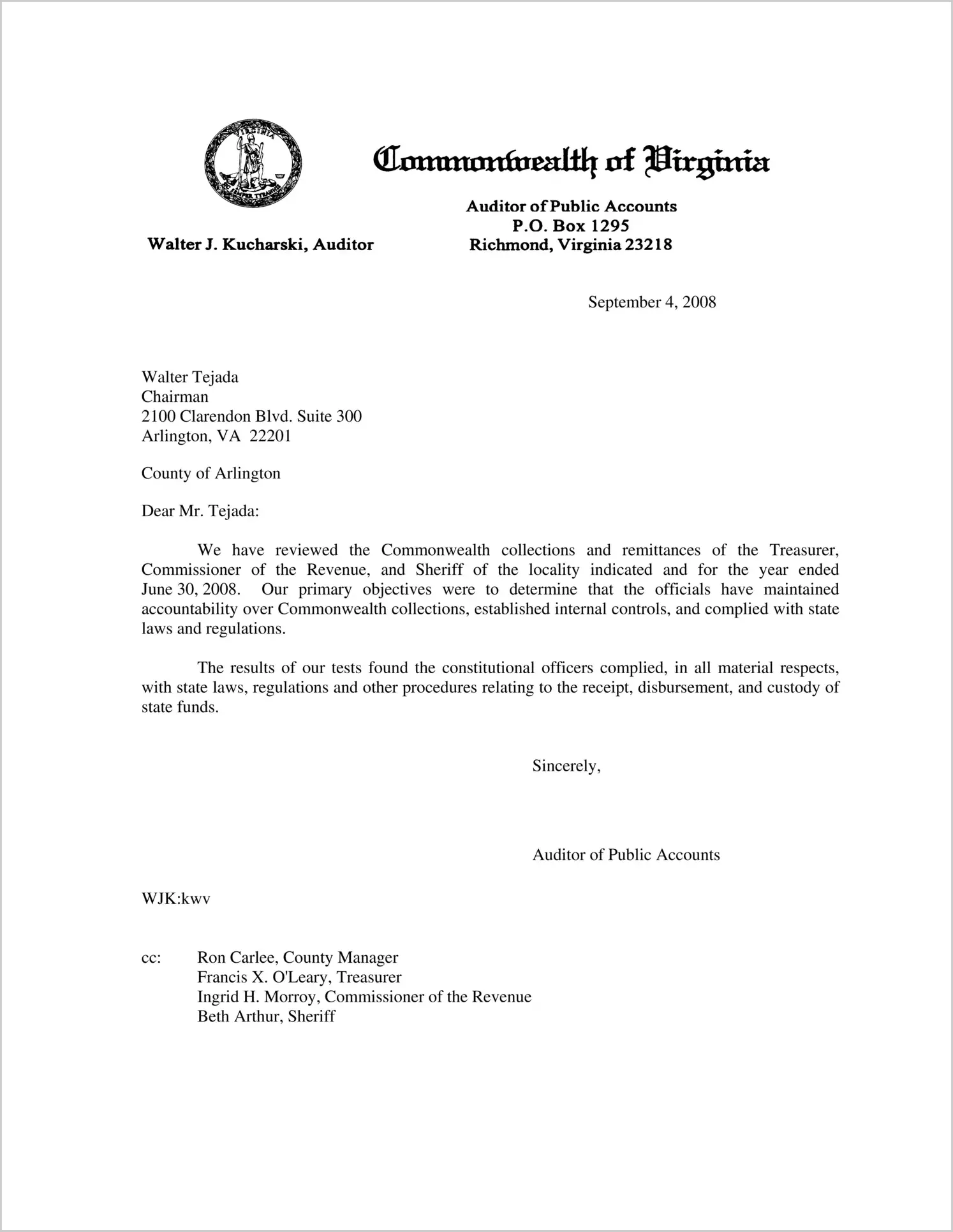 Commonwealth collections and remittances of the Treasurer, Commissioner of the Revenue, and Sheriff of the locality indicated and for the year ended June 30, 2008