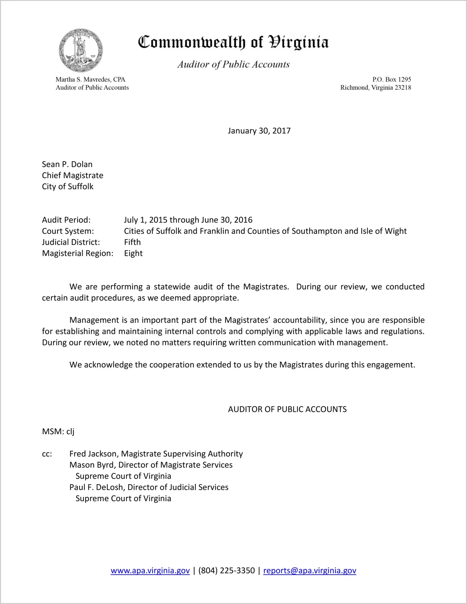 Magistrate for the Judicial District 5 for the period July 1, 2015 through June 30, 2016