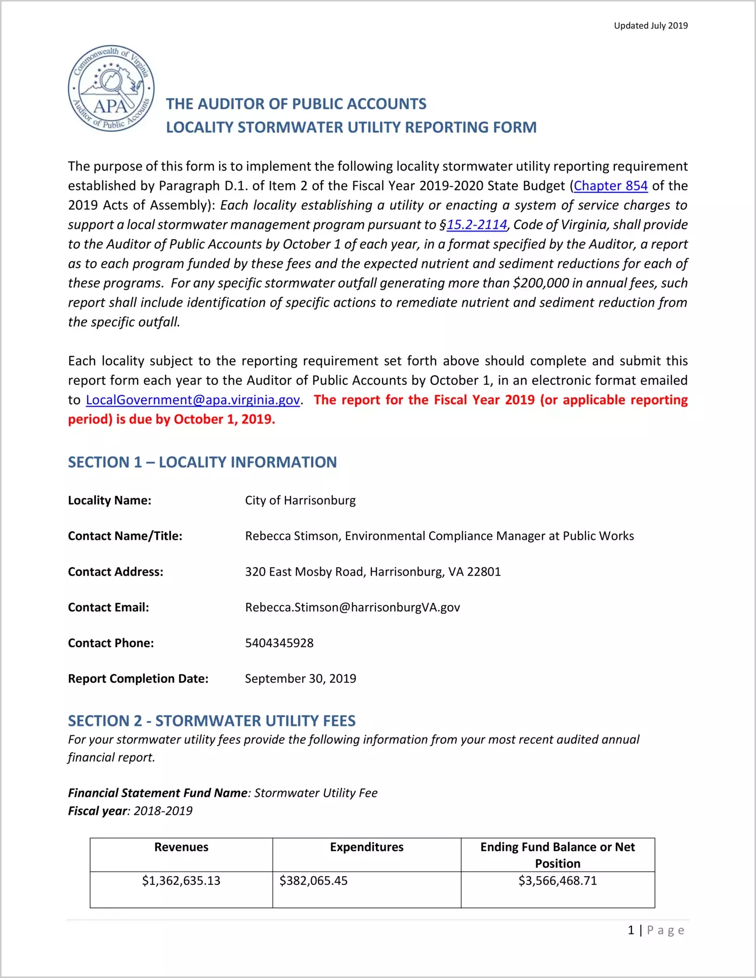 2019 Stormwater Utility Report for City of Harrisonburg
