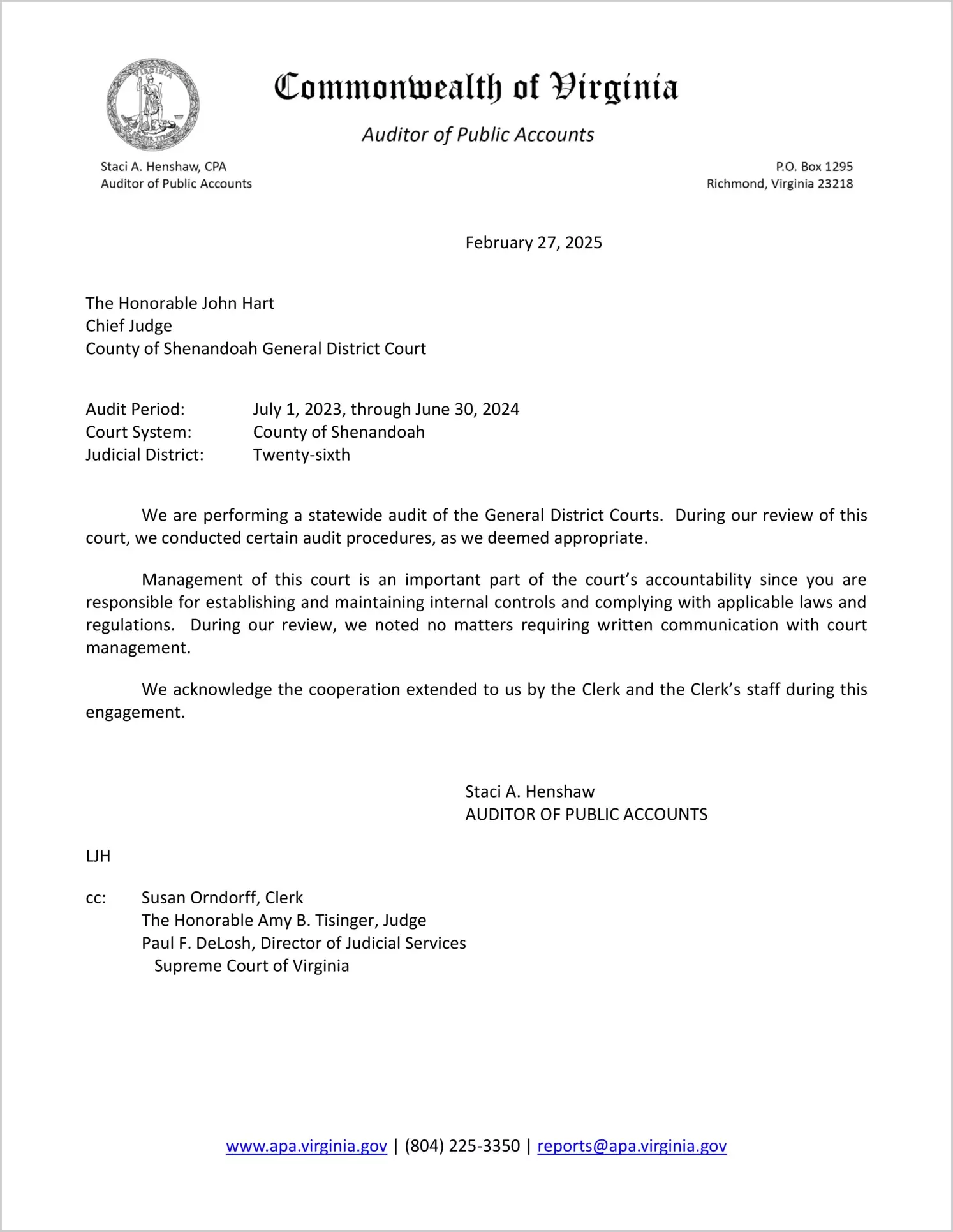 preview of General District Court for the County of Shenandoah for the period July 1, 2023 through June 30, 2024