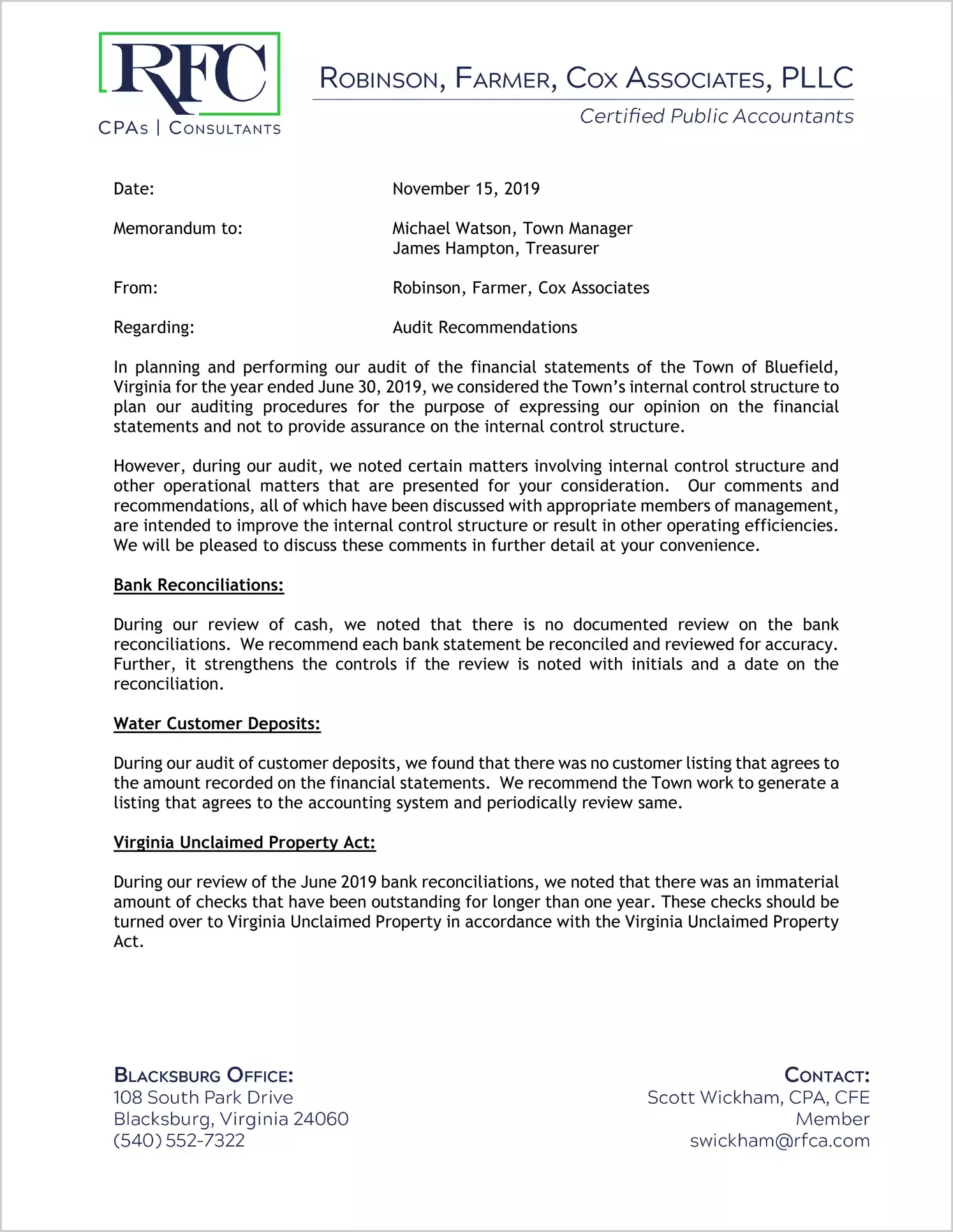 2019 Management Letter for Town of Bluefield