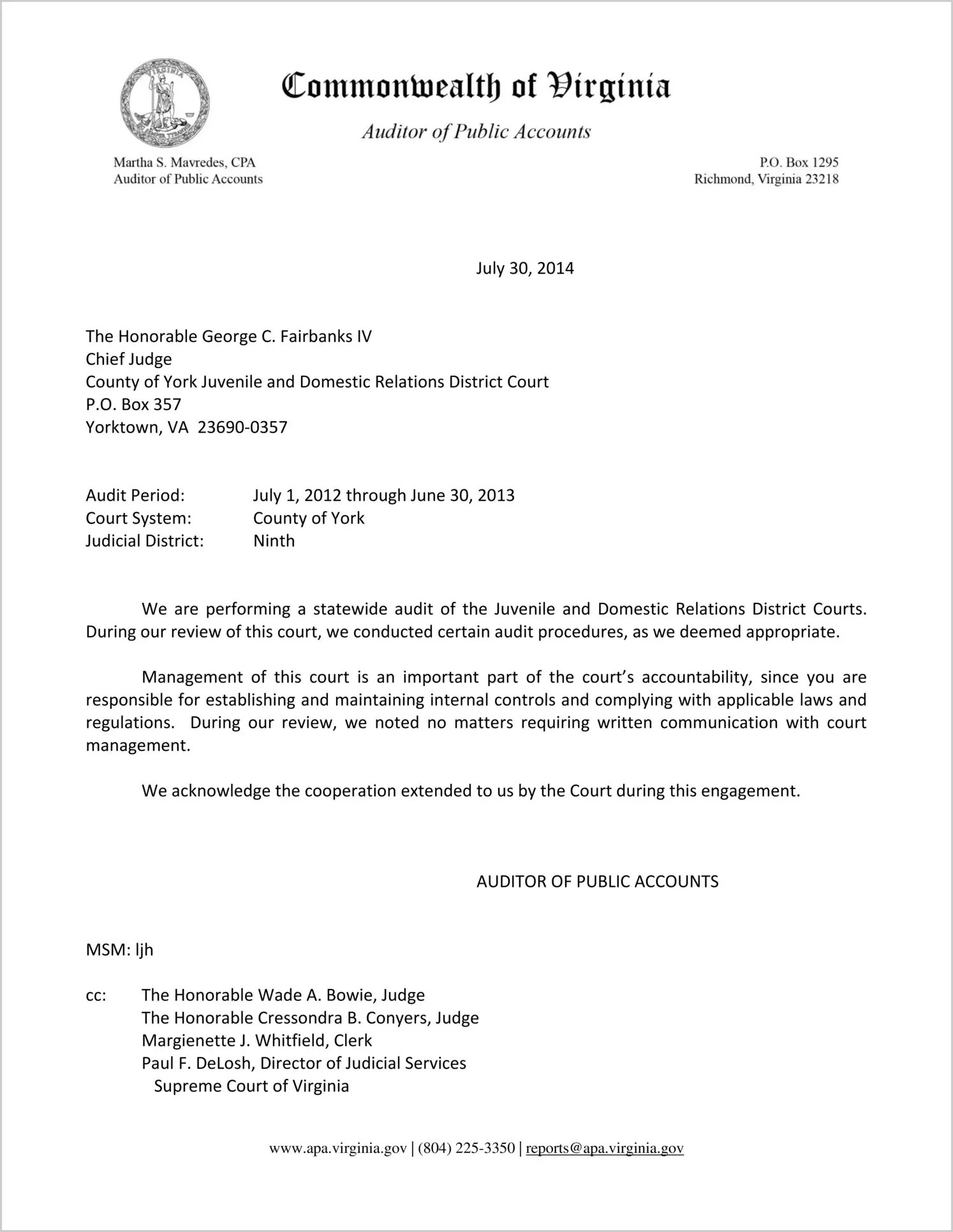 Clerk of the Juvenile and Domestic Relations Court for the County of York Report on Audit for the period July 1, 2012 through June 30, 2013
