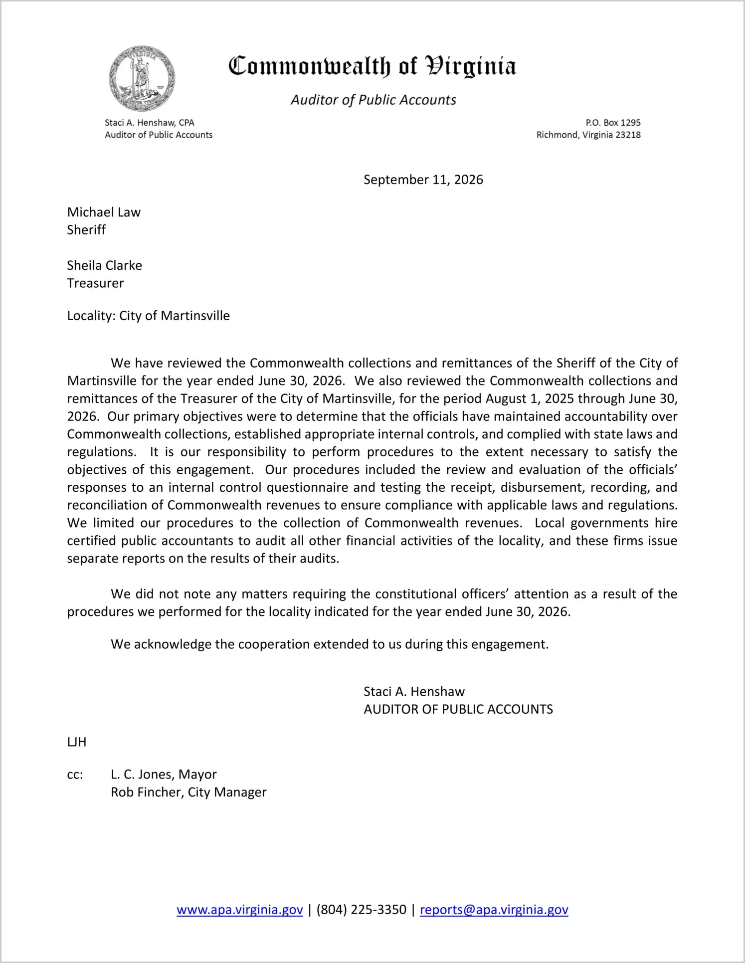 preview of Commonwealth Collections and Remittances of the Sheriff for the City of Martinsville for the year ended June 30, 2026, and the Treasurer for the period August 1, 2025 through June 30, 2026