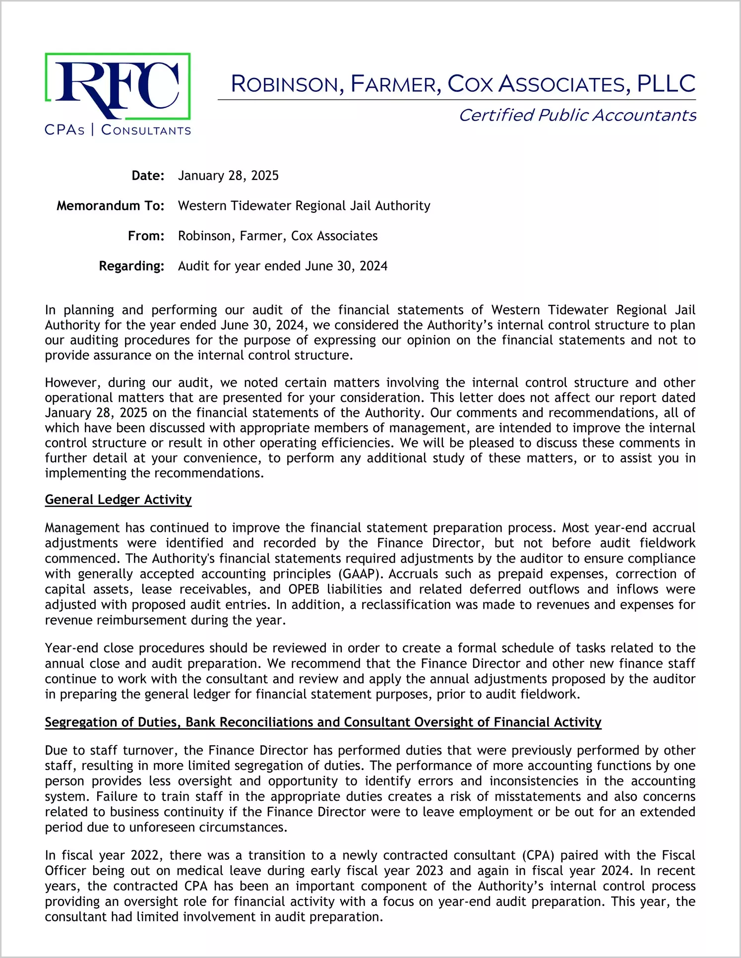 preview of 2024 ABC/Other Management Letter for Western Tidewater Regional Jail Authority