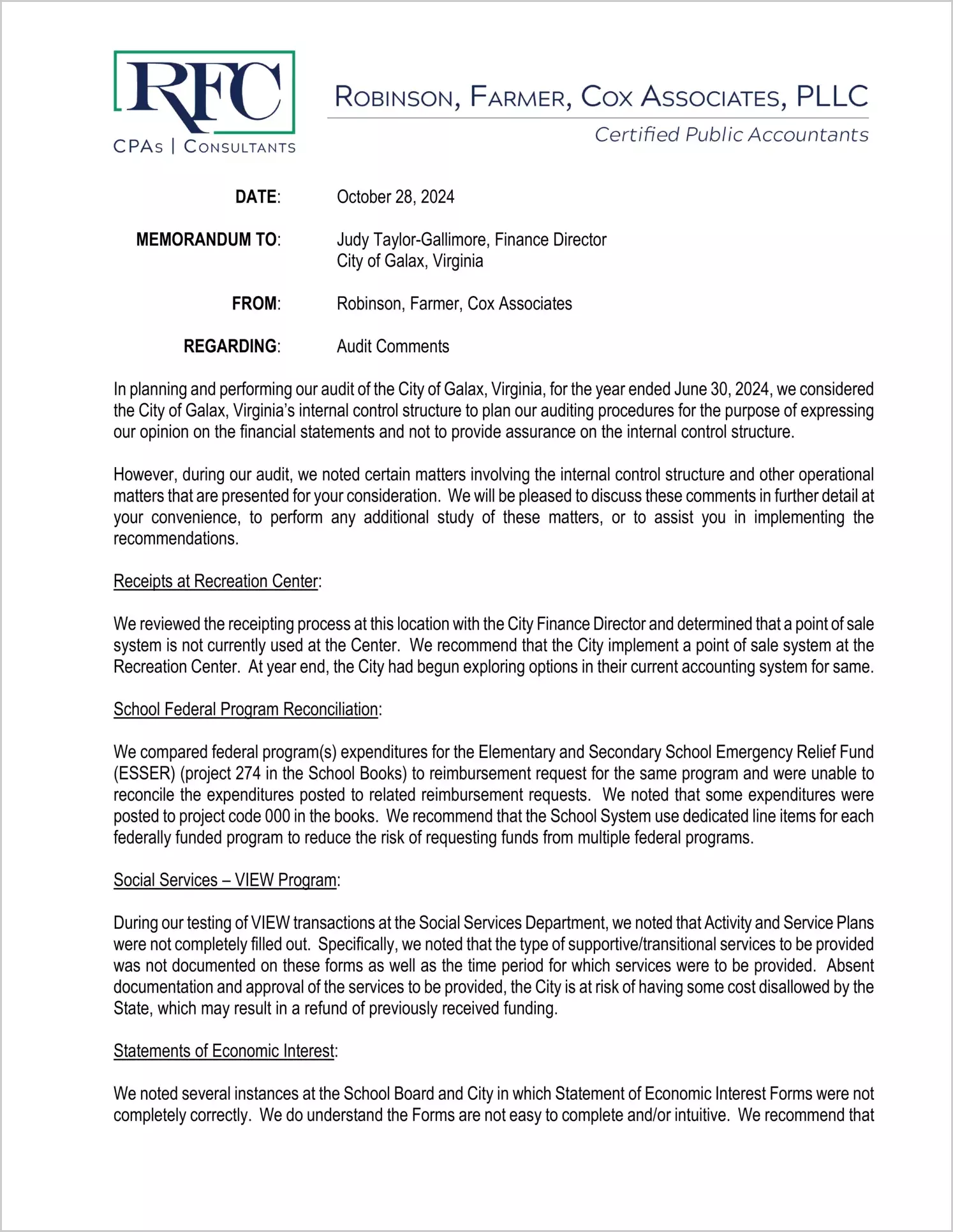 preview of 2024 Management Letter for City of Galax