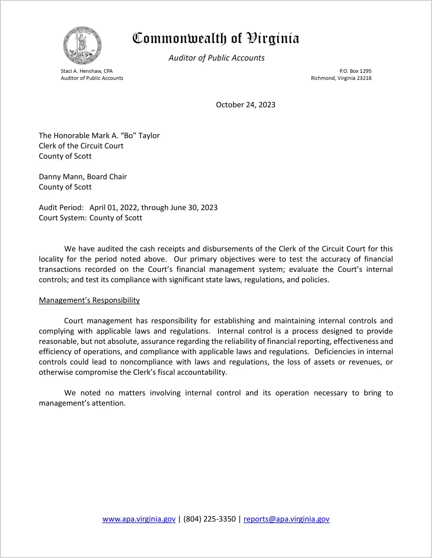 Clerk of the Circuit Court for the County of Scott for the period April 1, 2022 through June 30, 2023