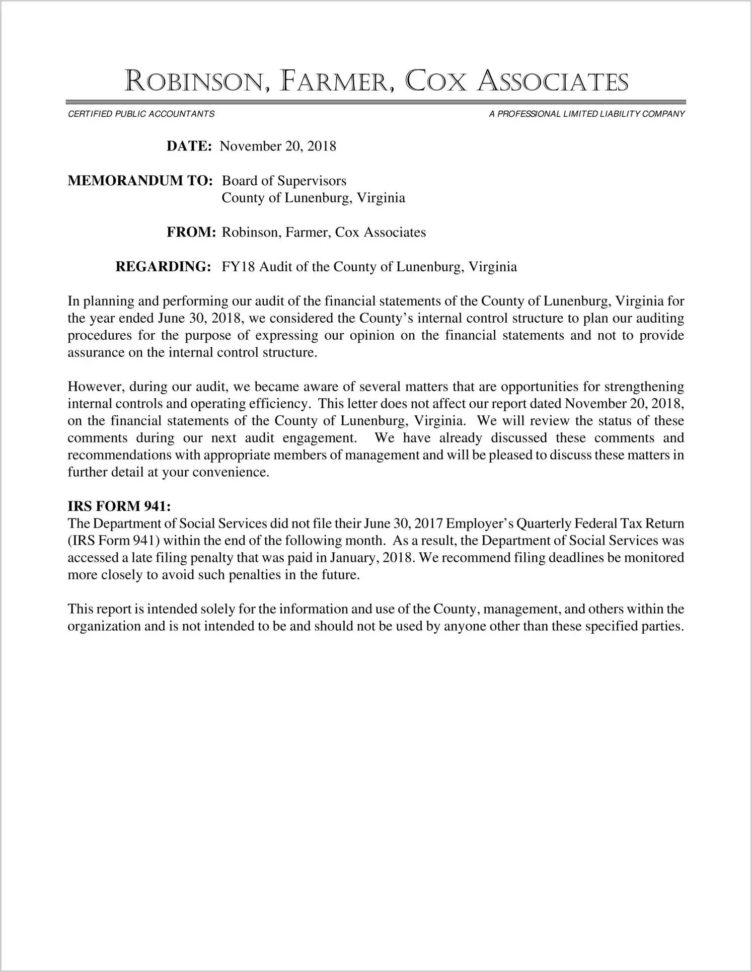 2018 Management Letter for County of Lunenburg