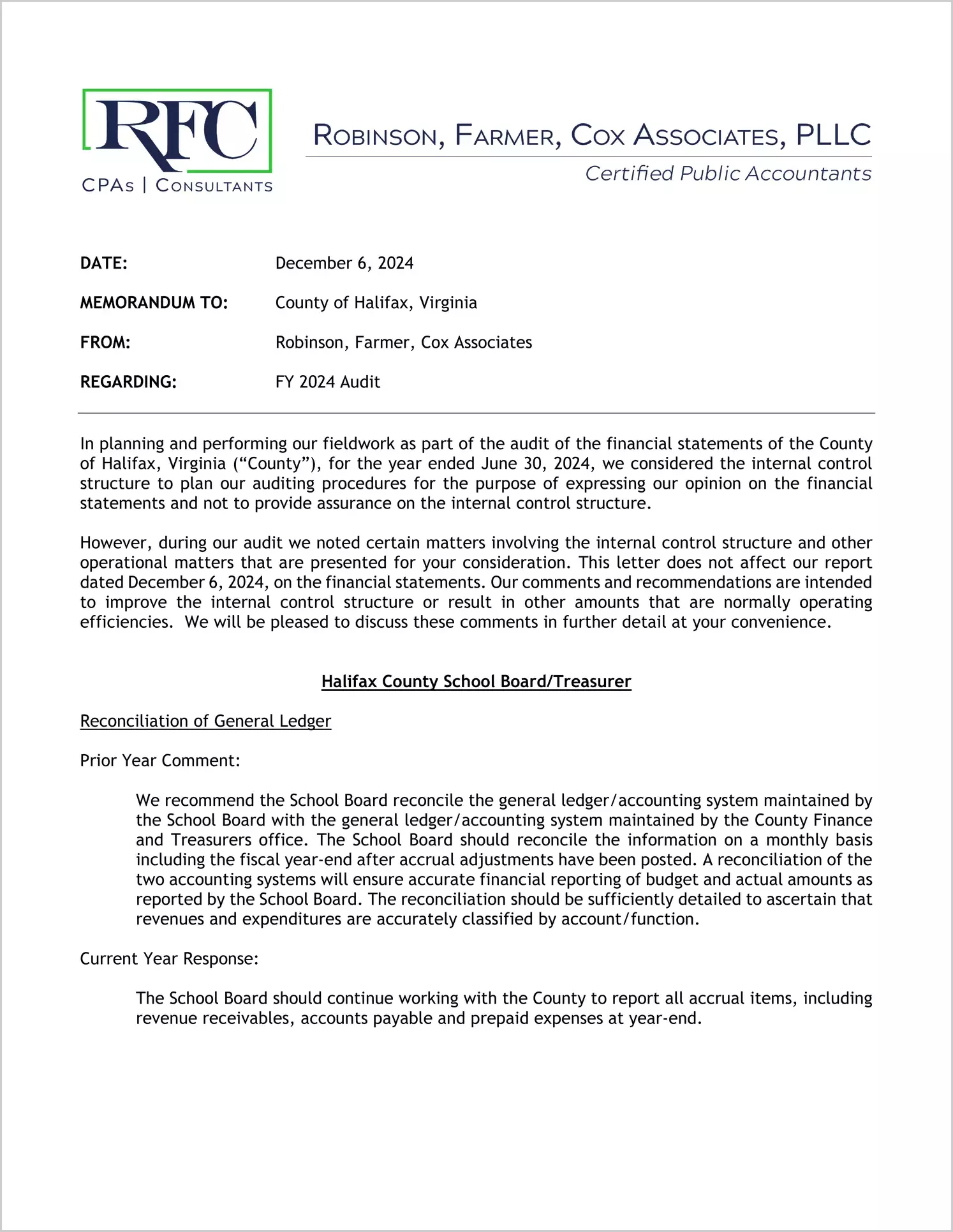 preview of 2024 Management Letter for County of Halifax