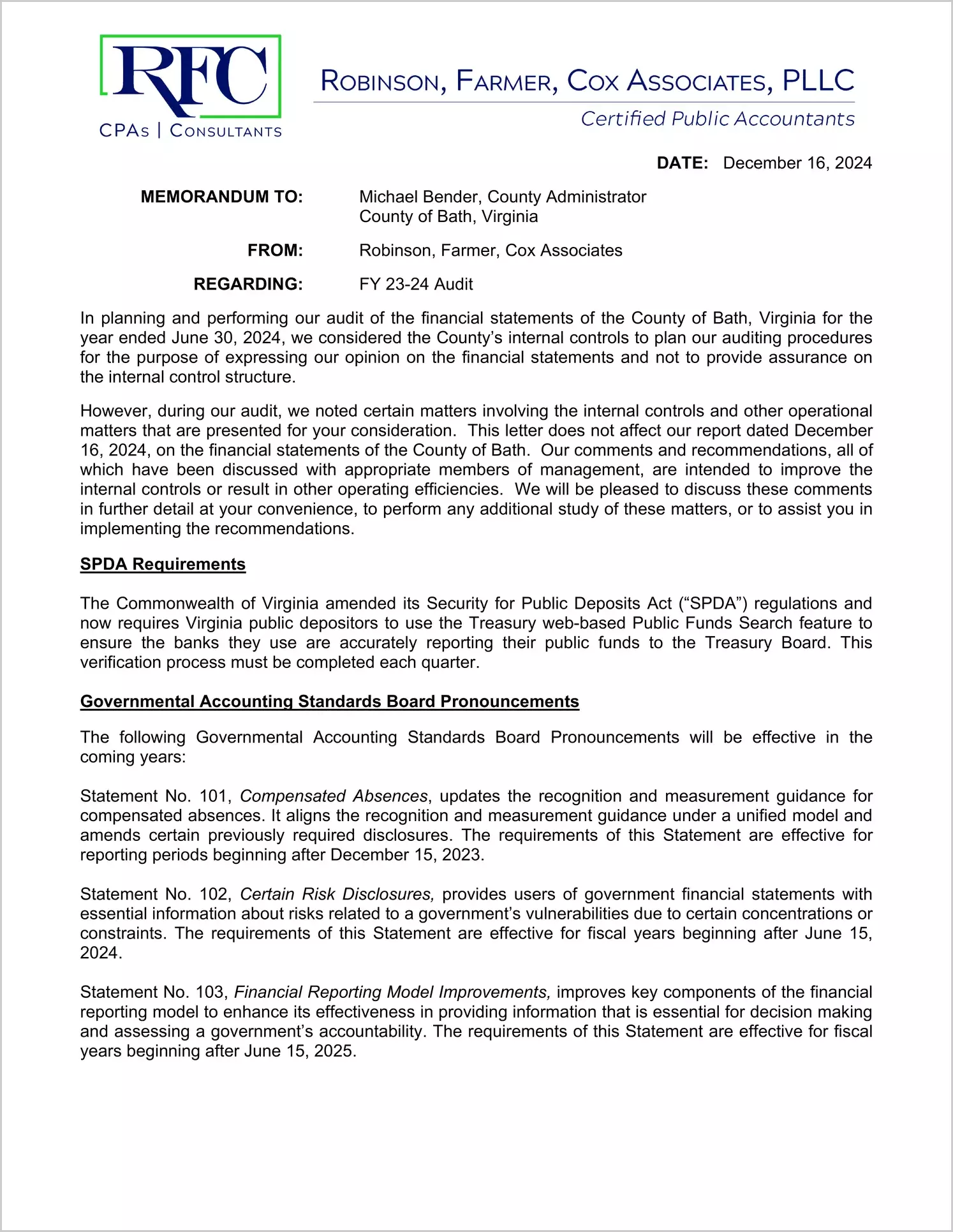 preview of 2024 Management Letter for County of Bath