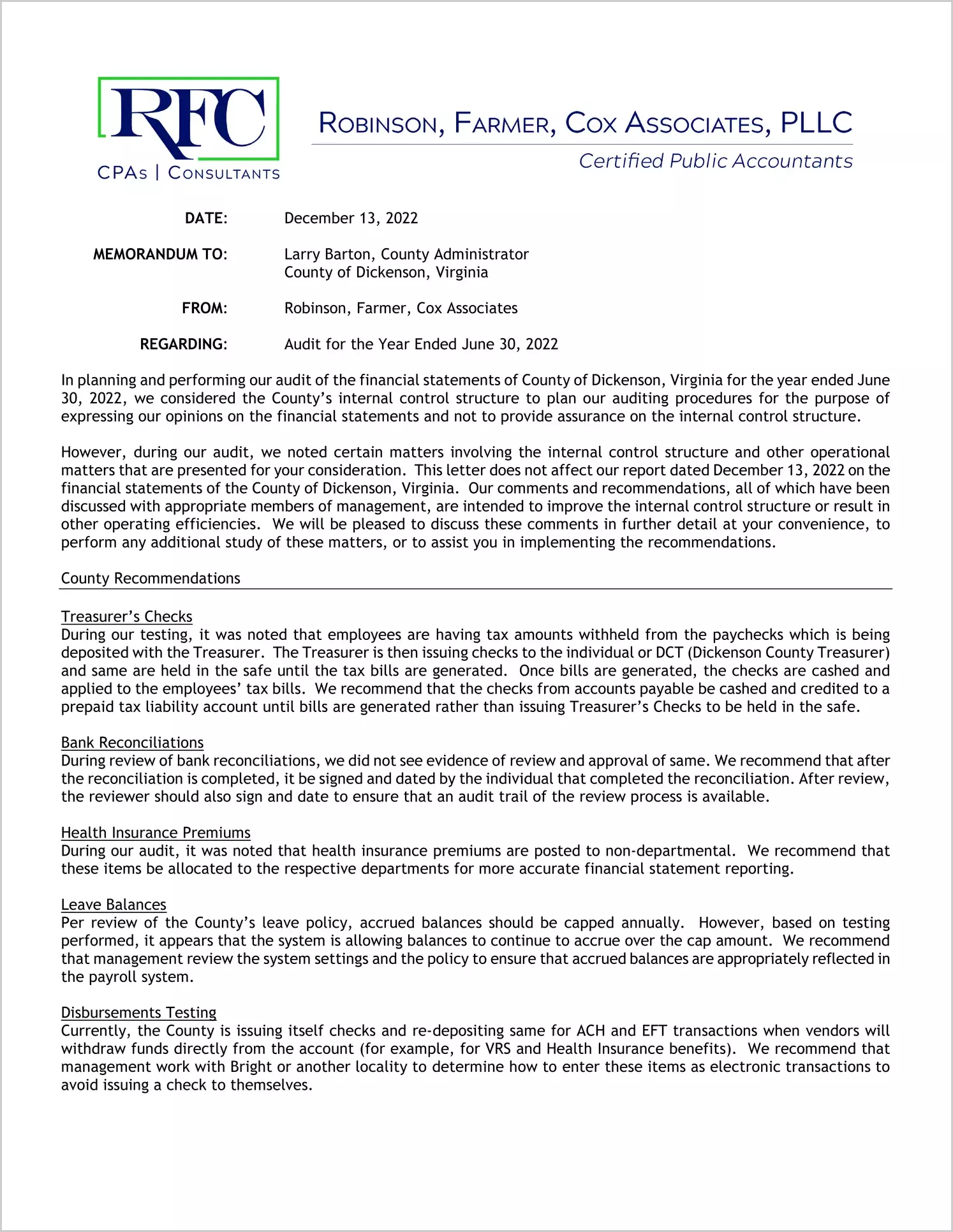 preview of 2022 Management Letter for County of Dickenson