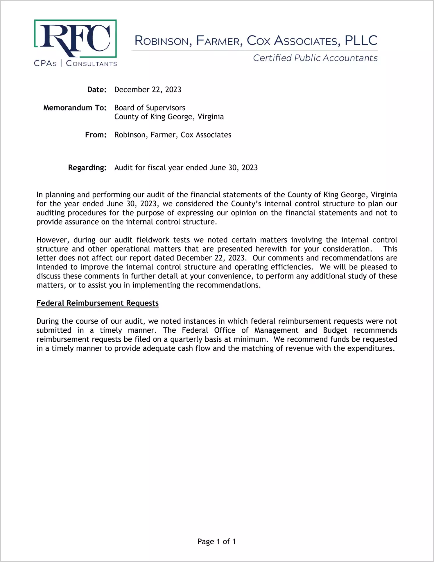 preview of 2023 Management Letter for County of King George