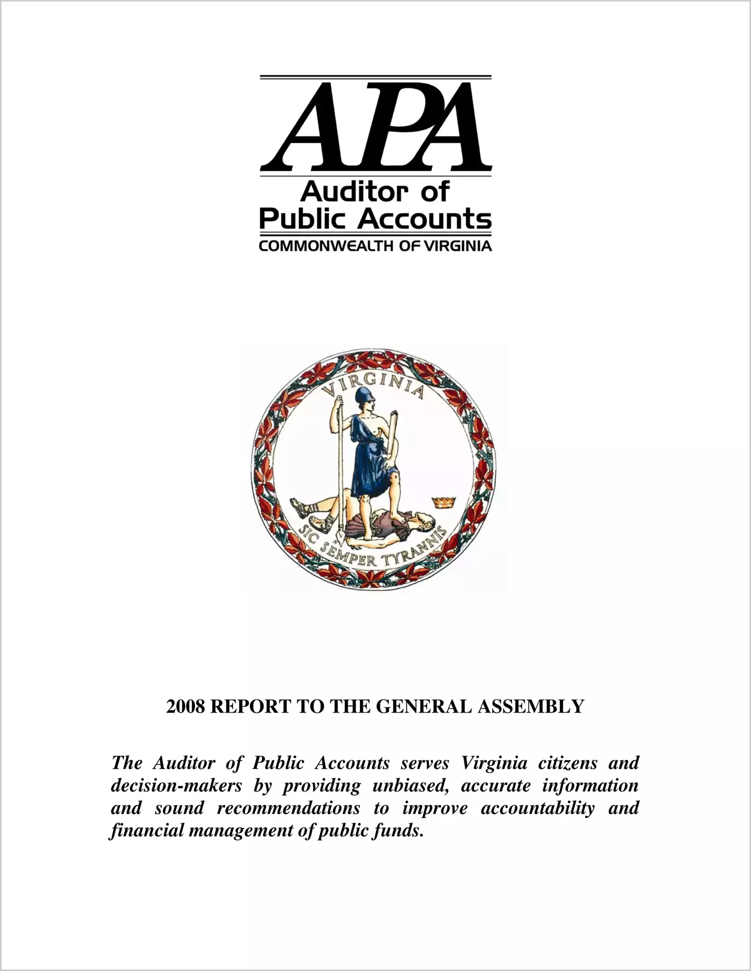 Auditor of Public Accounts Annual Report to the General Assembly for 2008