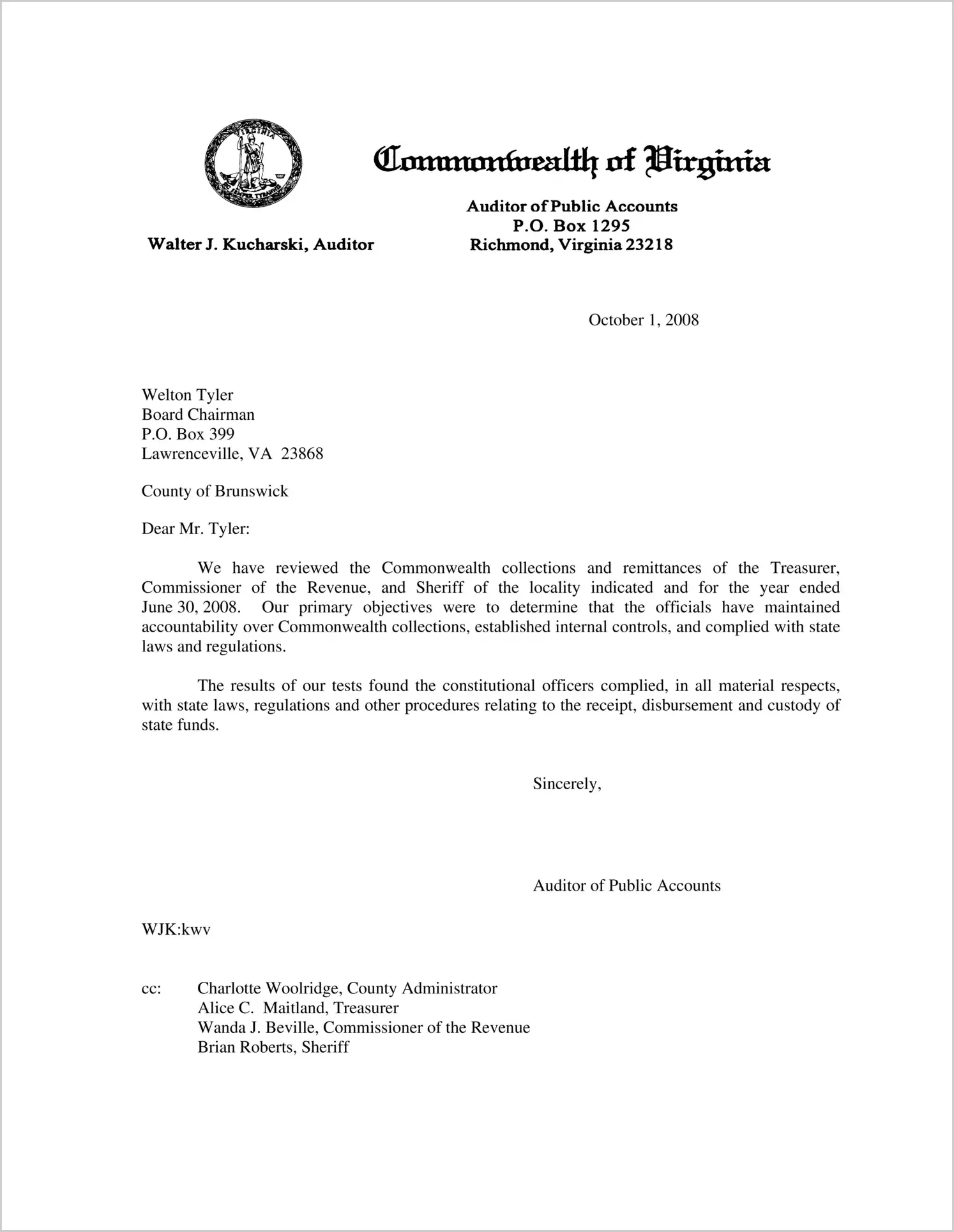 Commonwealth Collections and Remittances of the Treasurer, Commissioner of the Revenue, and Sheriff for the County of Brunswick for the year ended June 30, 2008