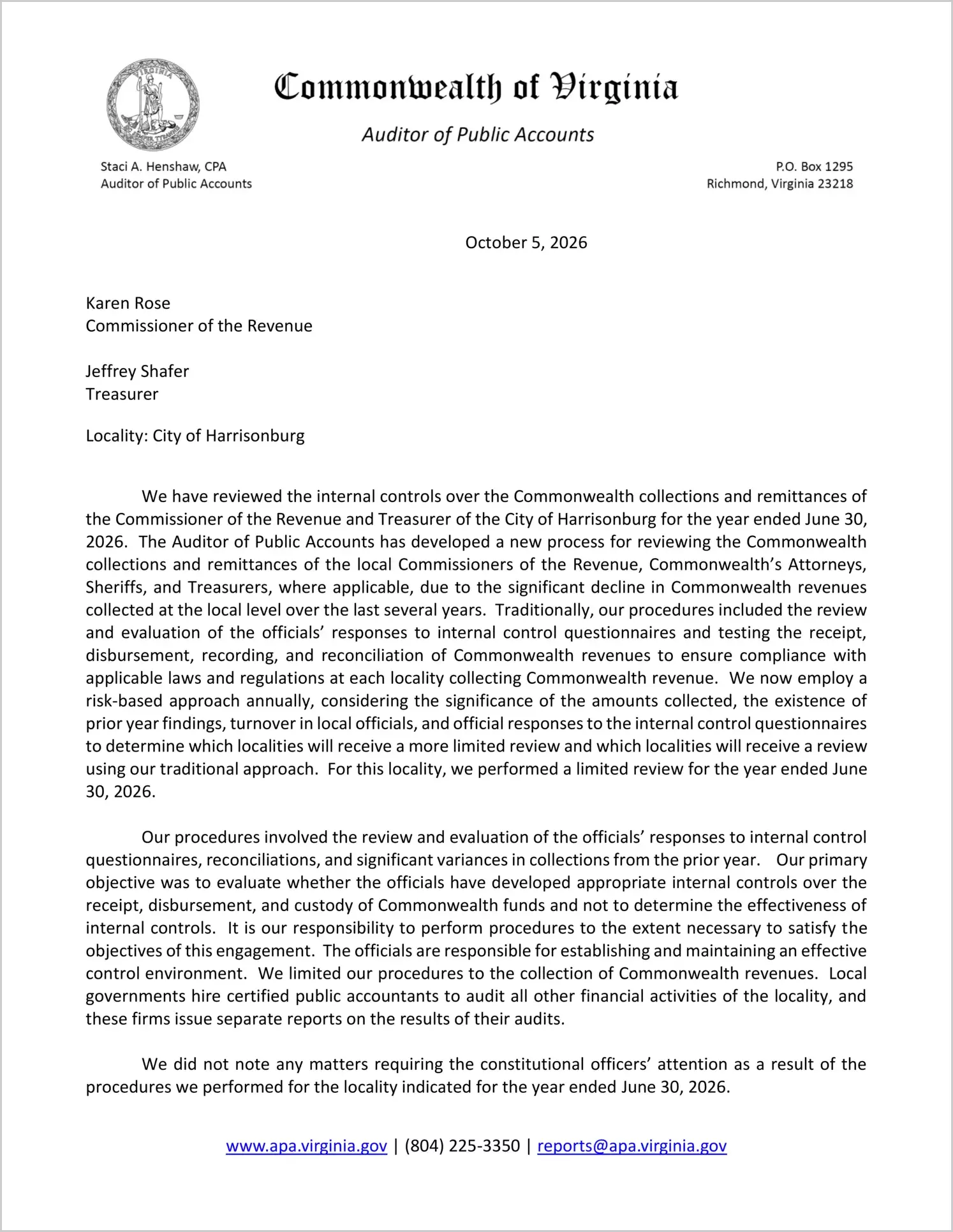 preview of Commonwealth Collections and Remittances of the Commissioner of the Revenue and Treasurer for the City of Harrisonburg for the year ended June 30, 2026