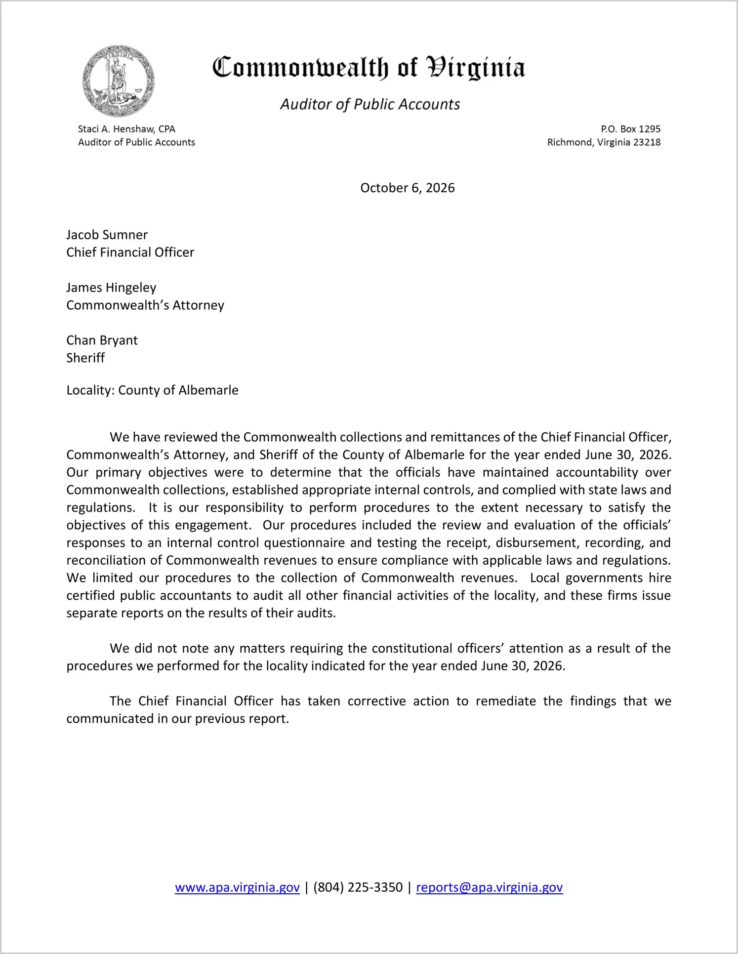 preview of Commonwealth Collections and Remittances of the Chief Financial Officer, Commonwealth's Attorney, and Sheriff for the County of Albemarle for the year ended June 30, 2026