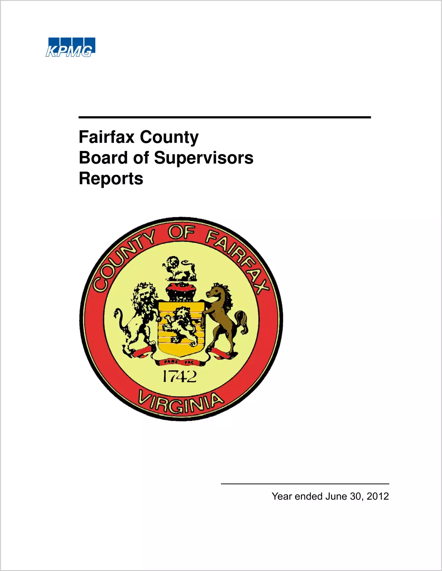 2012 Internal Control and Compliance Report for County of Fairfax