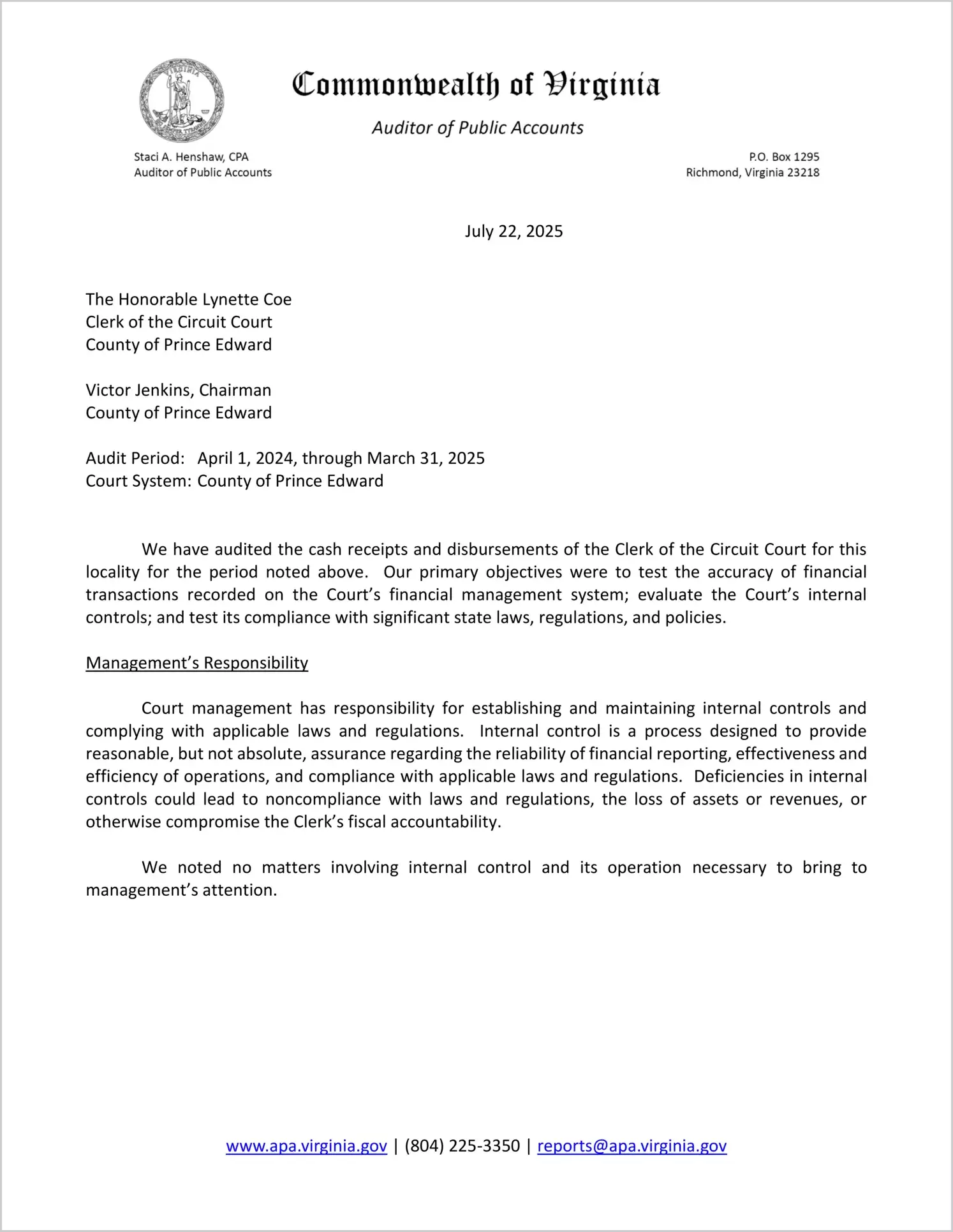 Clerk of the Circuit Court for the County of Prince Edward for the period April 1, 2024 through March 31, 2025