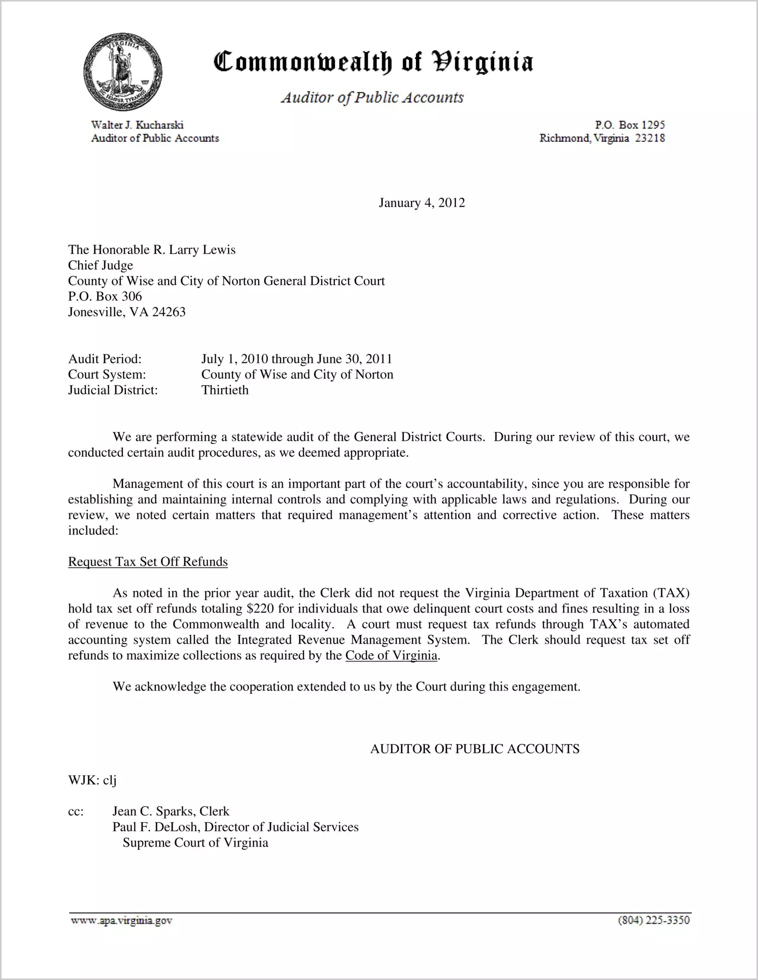 The Clerk of the General District Court for the County of Wise and City of Norton for the period July 1, 2010 through June 30, 2011