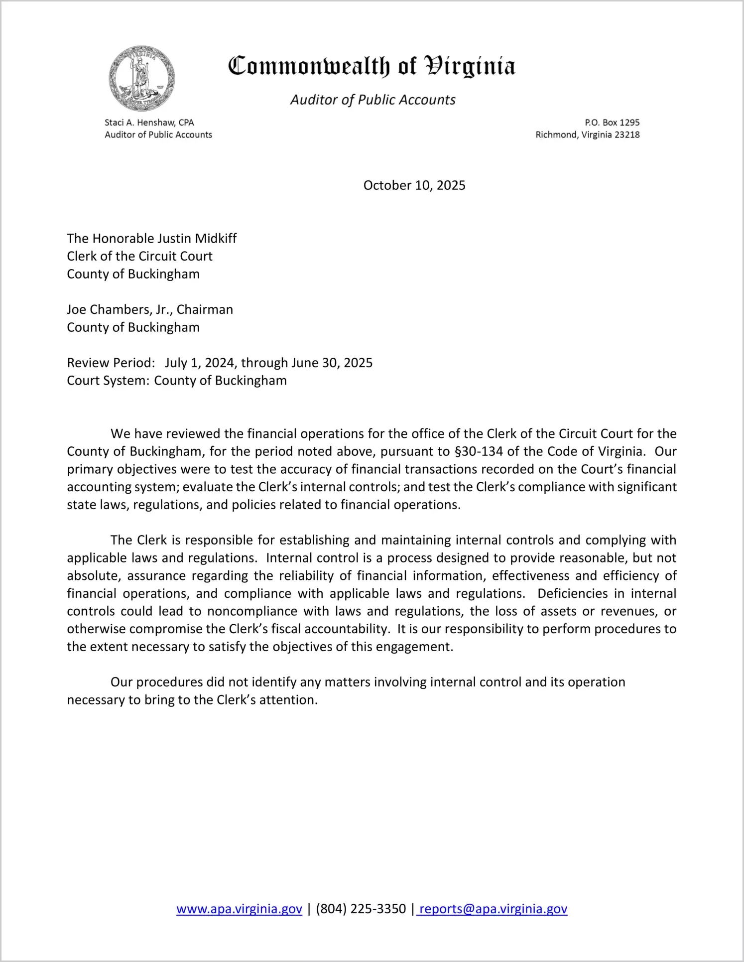 Clerk of the Circuit Court for the County of Buckingham for the period July 1, 2024 through June 30, 2025