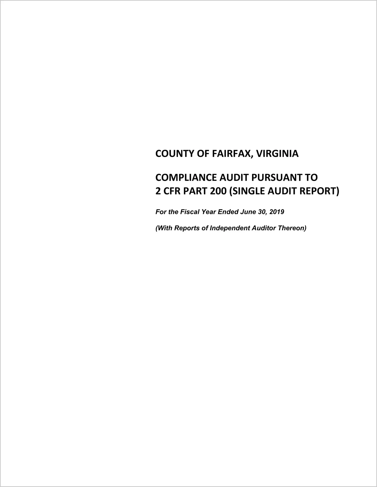 2019 Internal Control and Compliance Report for County of Fairfax