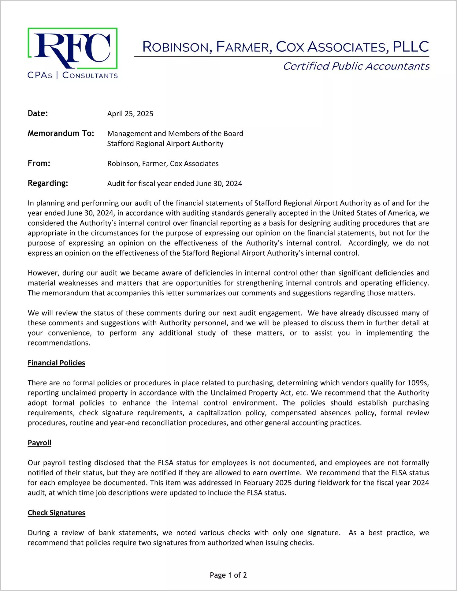 preview of 2024 ABC/Other Management Letter for Stafford Regional Airport Authority