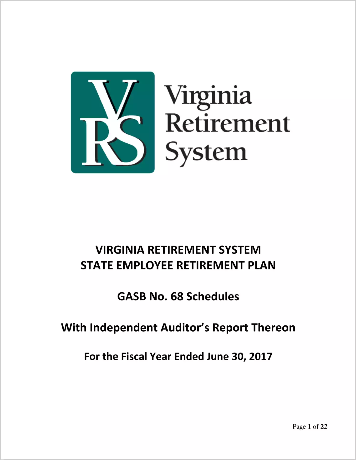 GASB 68 Schedule - State Employee Retirement Plan for fiscal year June 30, 2017