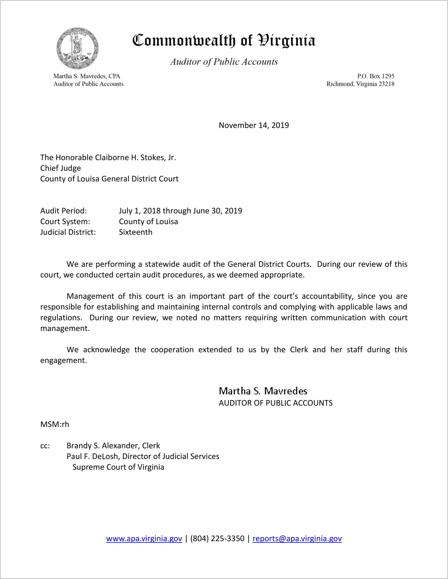 General District Court for the County of Louisa for the period July 1, 2018 through June 30, 2019