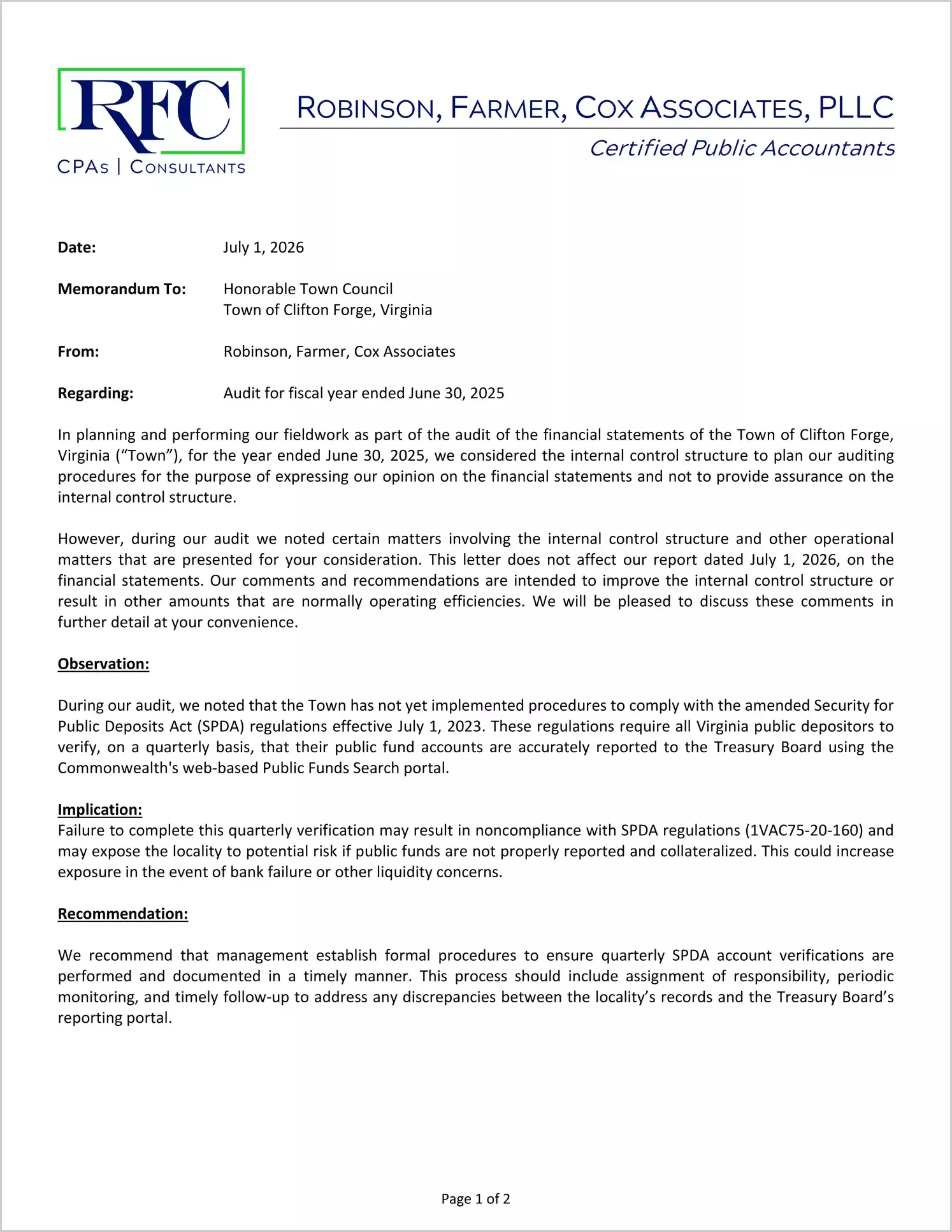 preview of 2025 Management Letter for Town of Clifton Forge