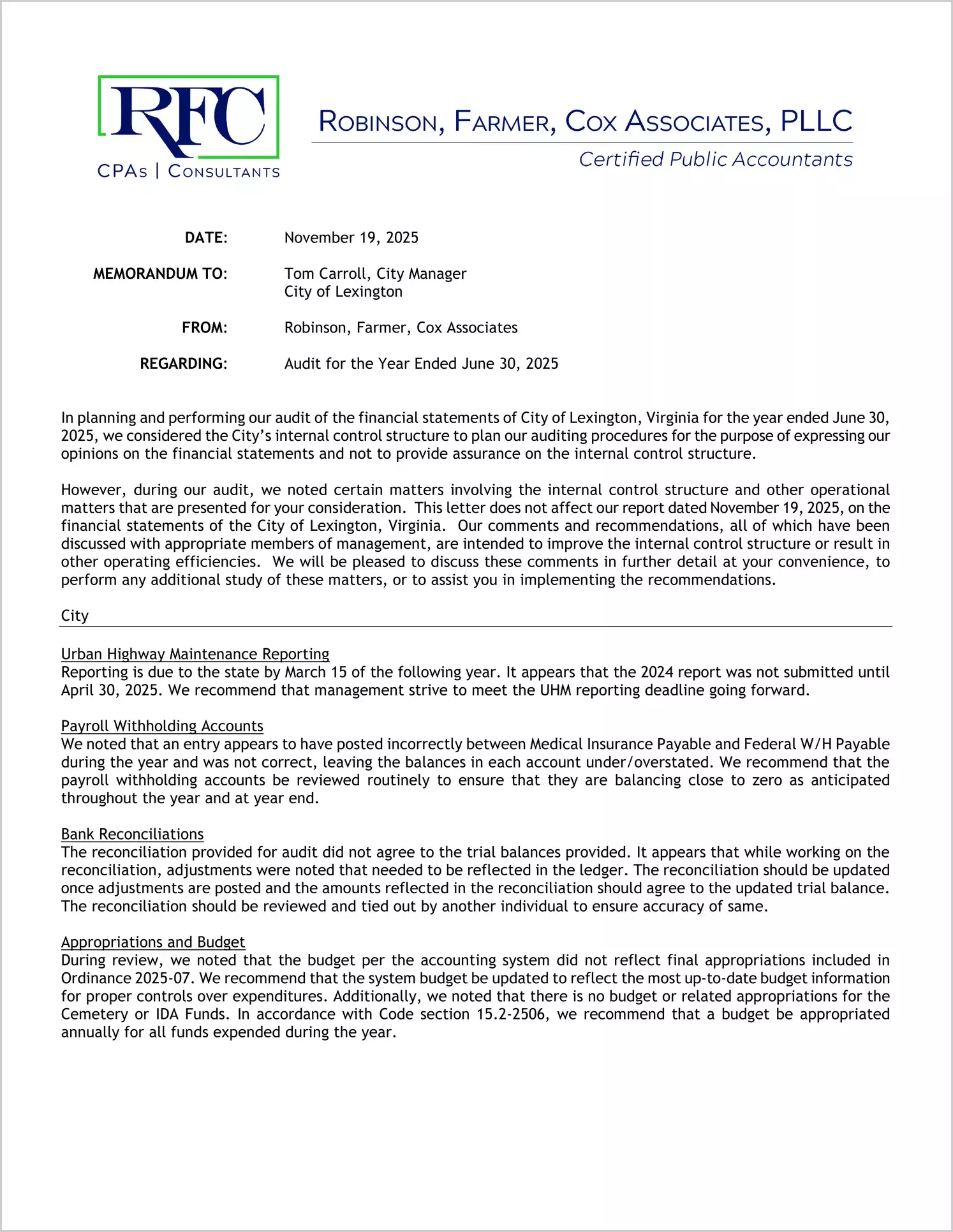 preview of 2025 Management Letter for City of Lexington