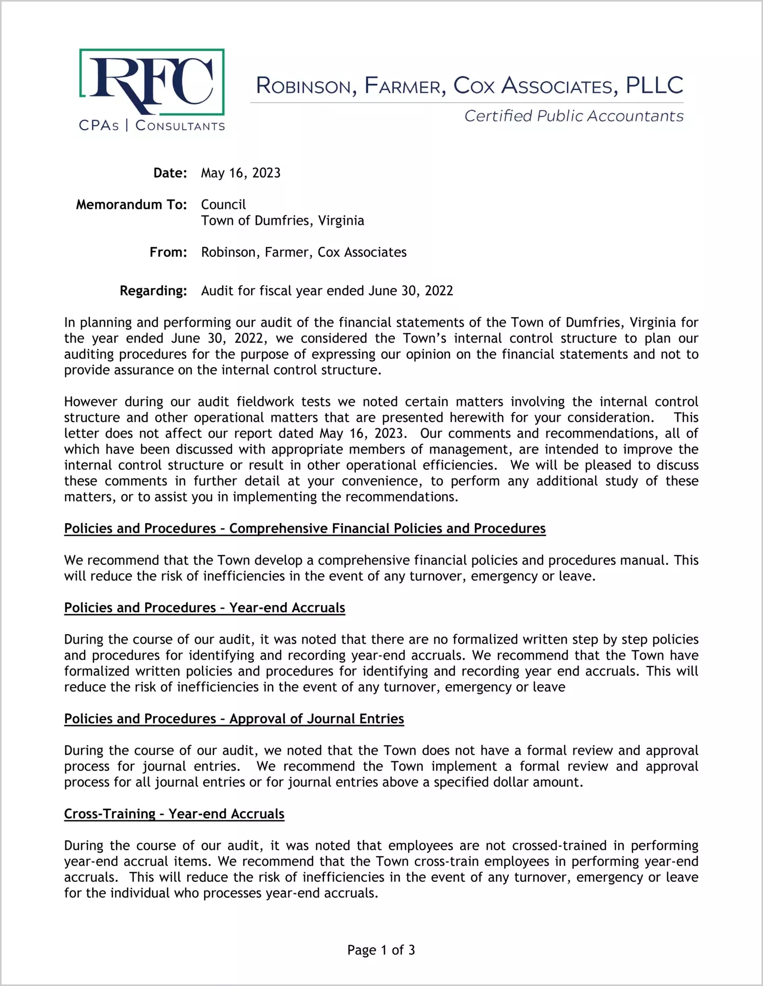 preview of 2022 Management Letter for Town of Dumfries