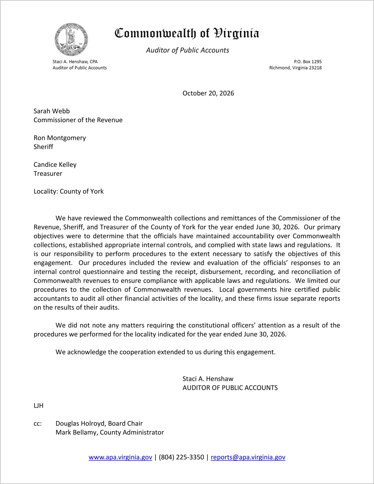 preview of Commonwealth Collections and Remittances of the Commissioner of the Revenue, Sheriff, and Treasurer for the County of York for the year ended June 30, 2026
