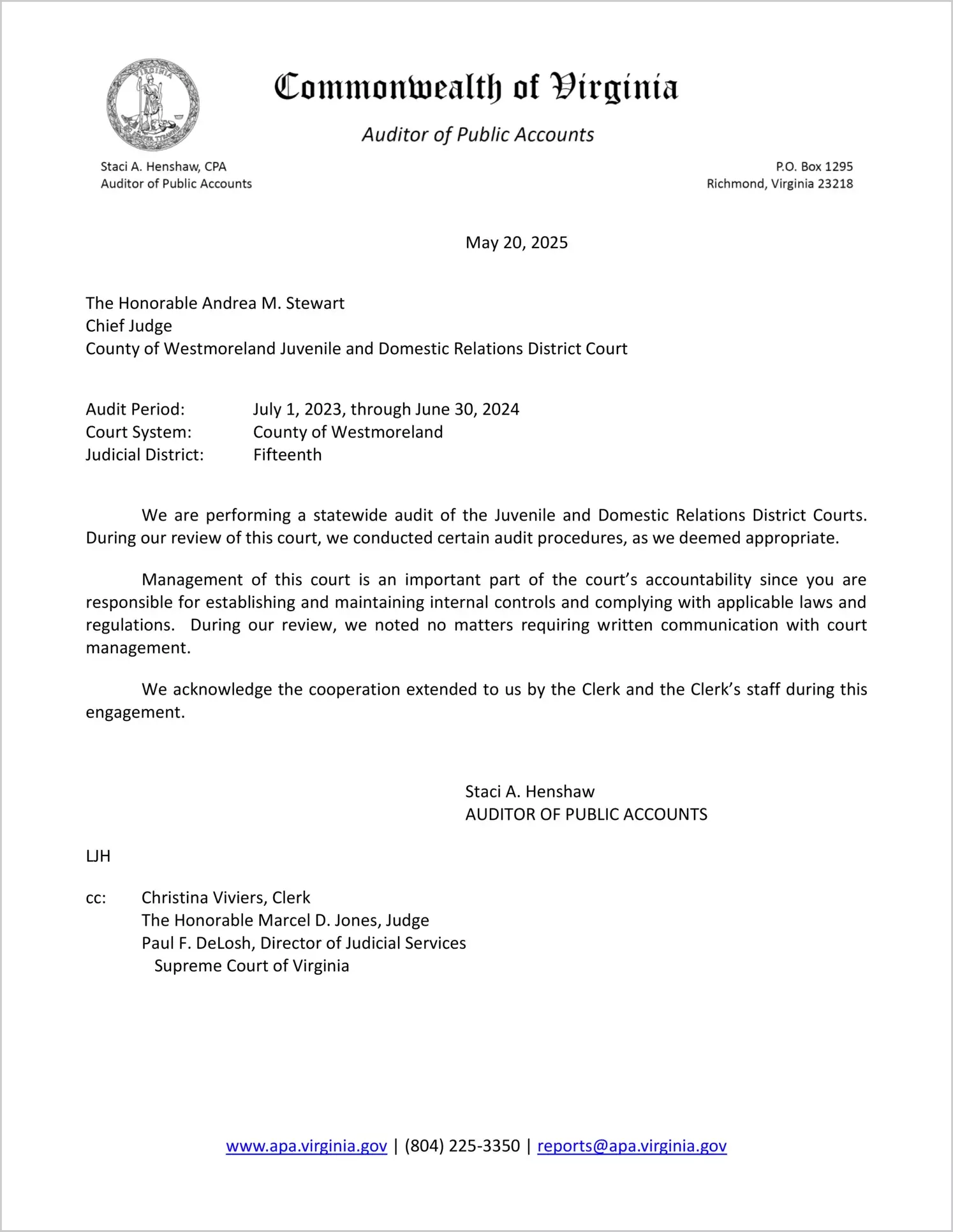 Juvenile and Domestic Relations District Court for the County of Westmoreland for the period July 1, 2023 through June 30, 2024