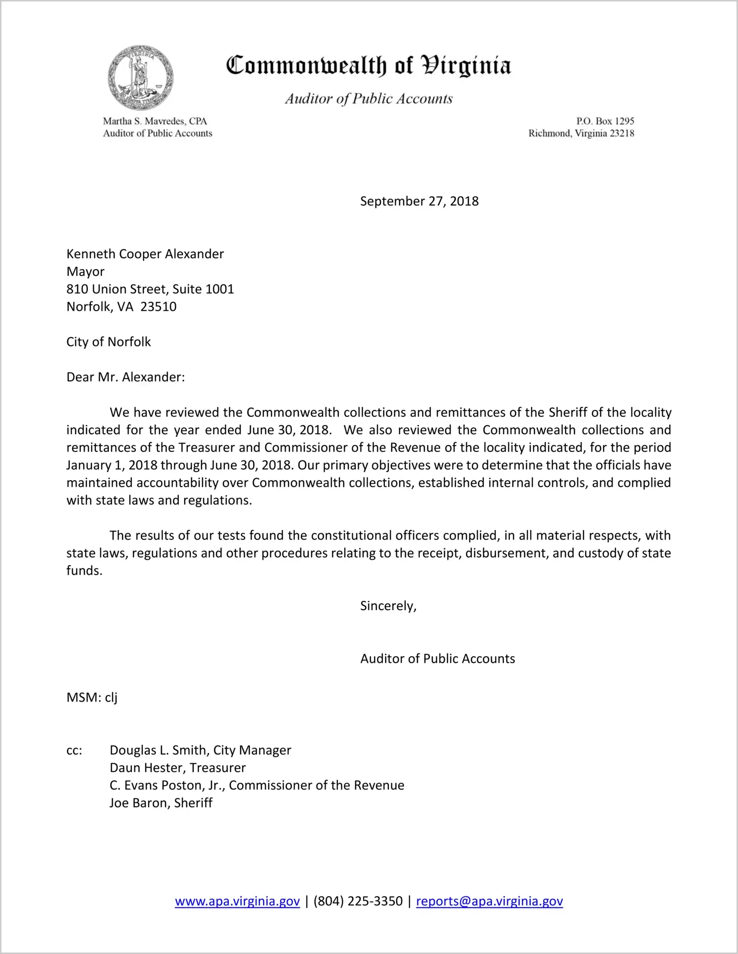 Commonwealth collections and remittances of the Sheriff of the City of Norfolk for the year ended June 30, 2018