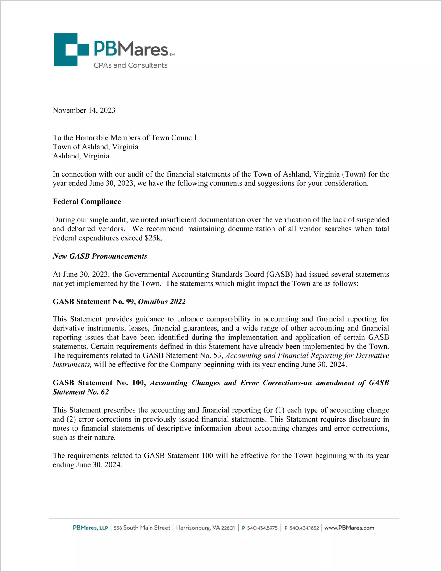 preview of 2023 Management Letter for Town of Ashland