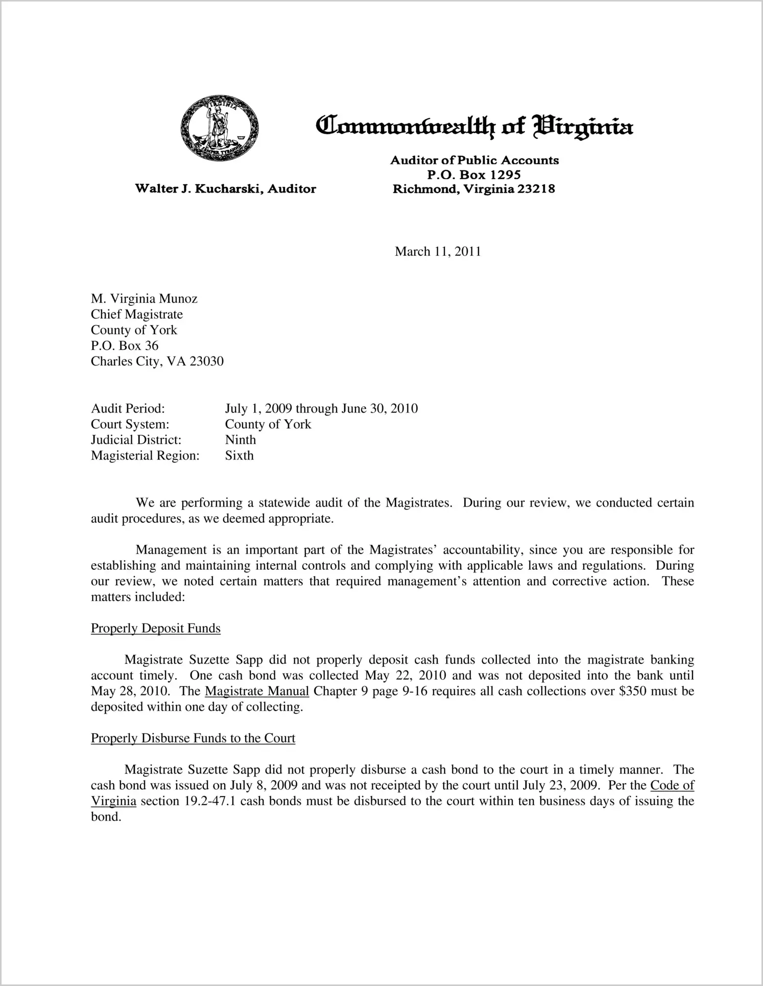 Magistrate of the General District Court for the County of York Report on Audit for the period July 1, 2009 through June 30, 2010