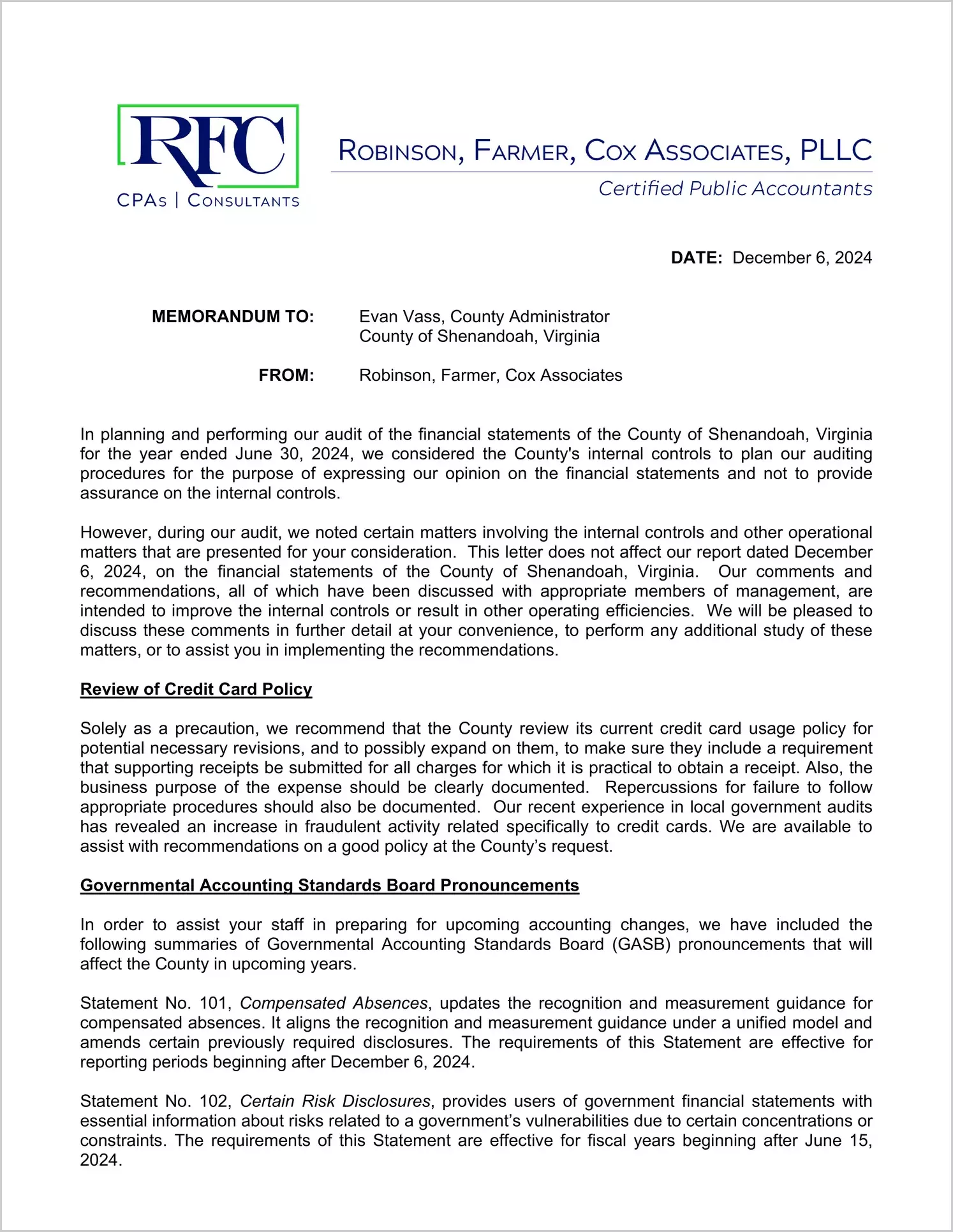 preview of 2024 Management Letter for County of Shenandoah