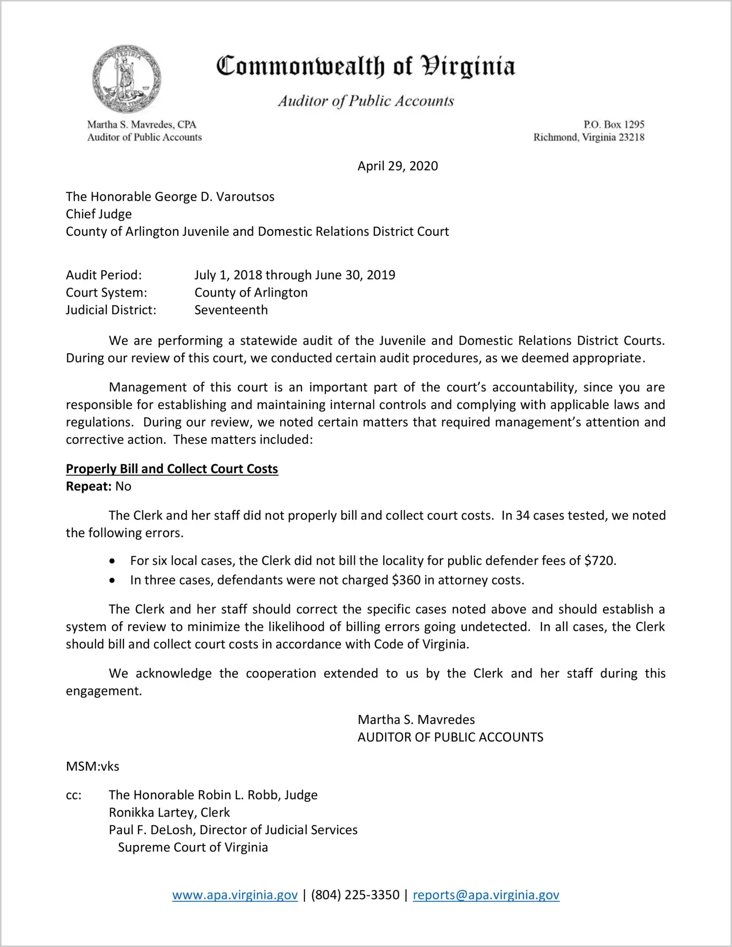 Juvenile and Domestic Relations District Court for the County of Arlington for the period July 1, 2018 through June 30, 2019