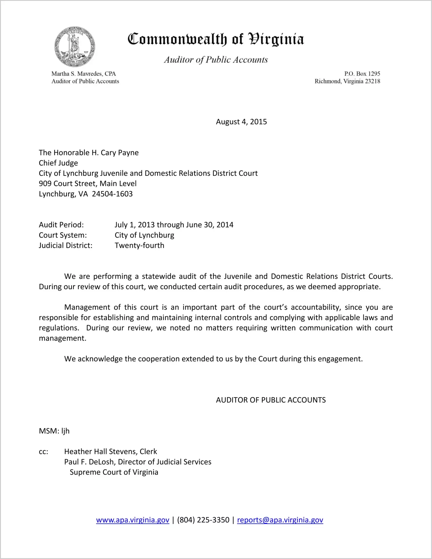 Clerk of the Juvenile and Domestic Relations Court for the City of Lynchburg Report on Audit for the period July 1, 2013 through June 30, 2014