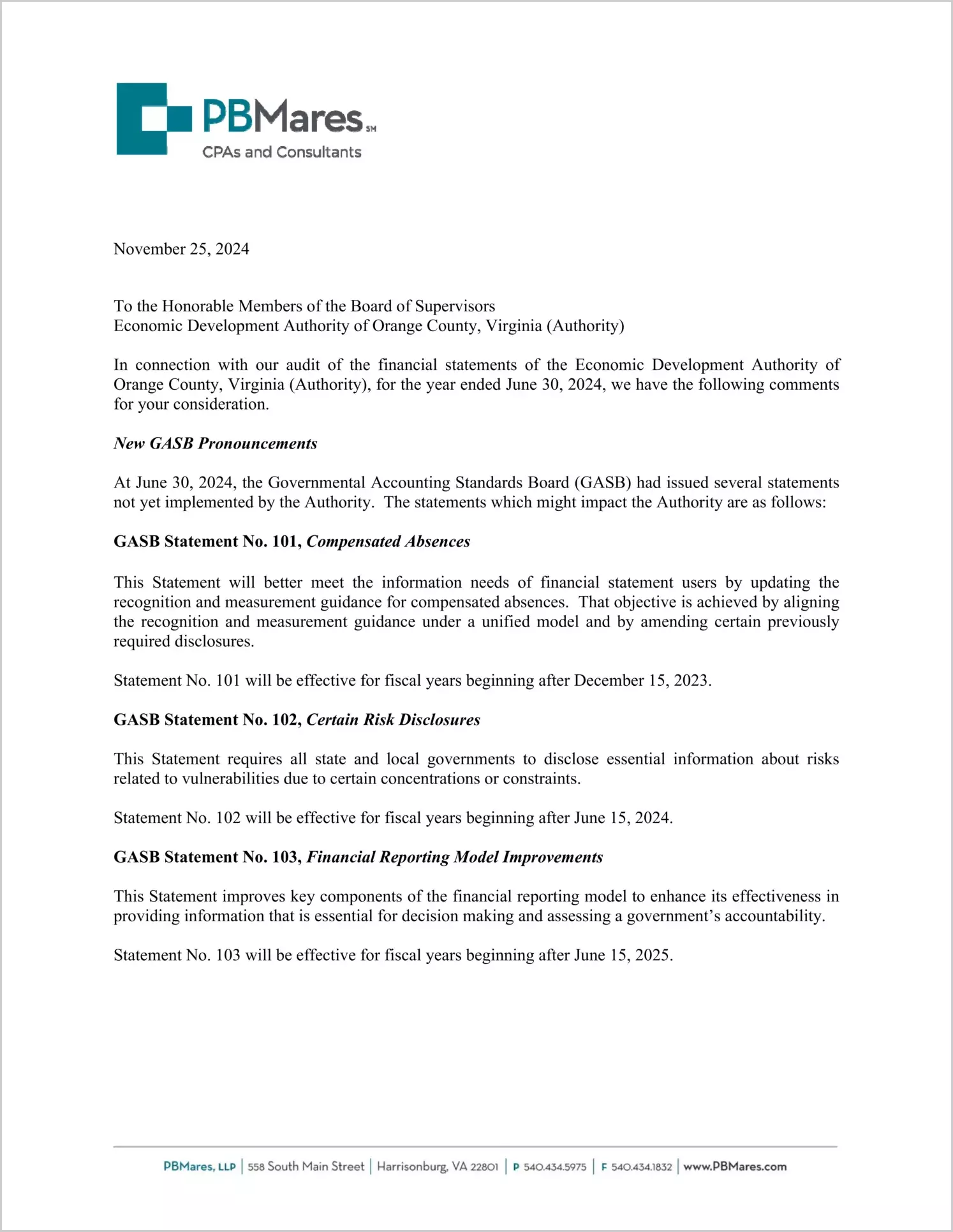 preview of 2024 ABC/Other Management Letter for Orange County Economic Development Authority