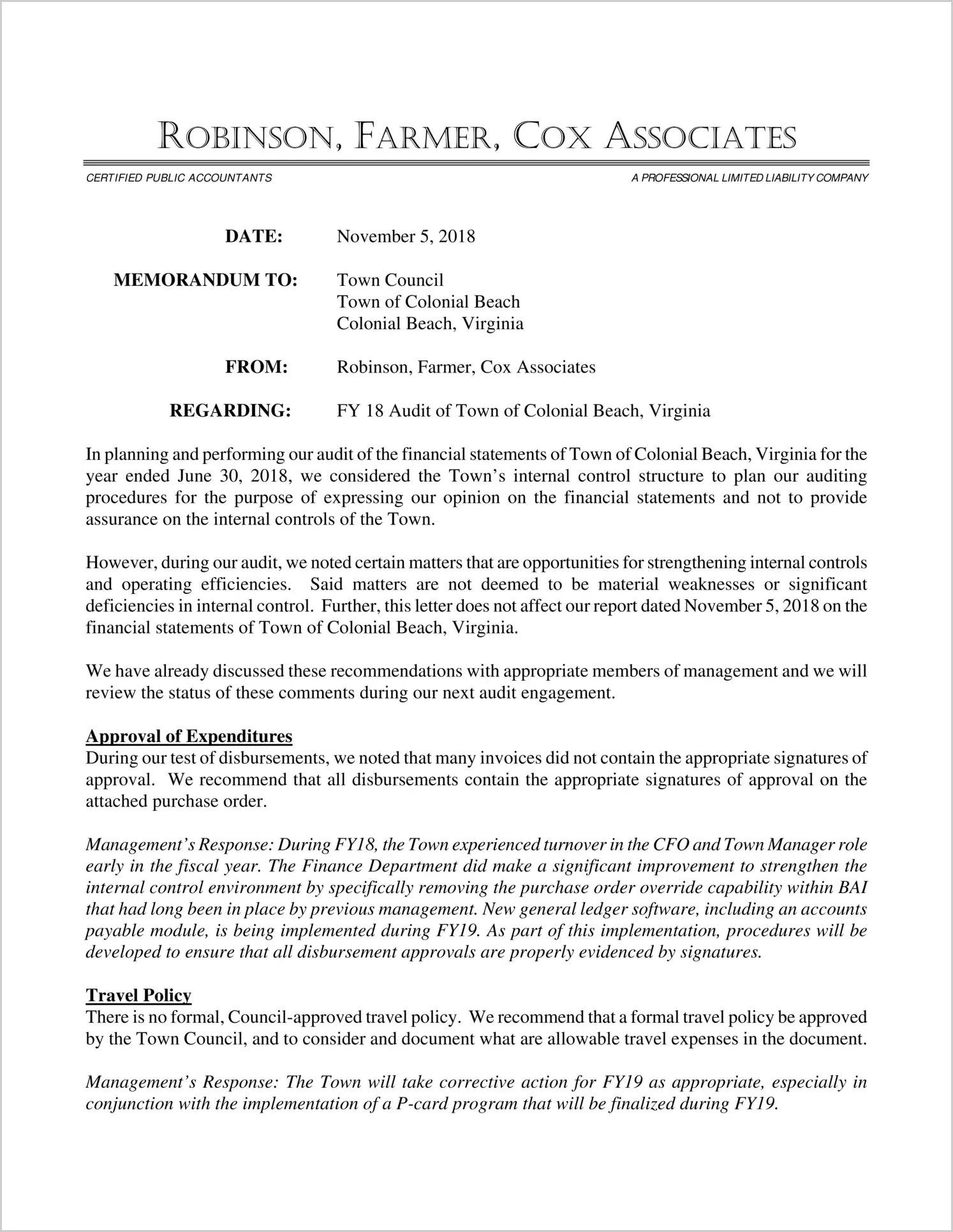2018 Management Letter for Town of Colonial Beach 