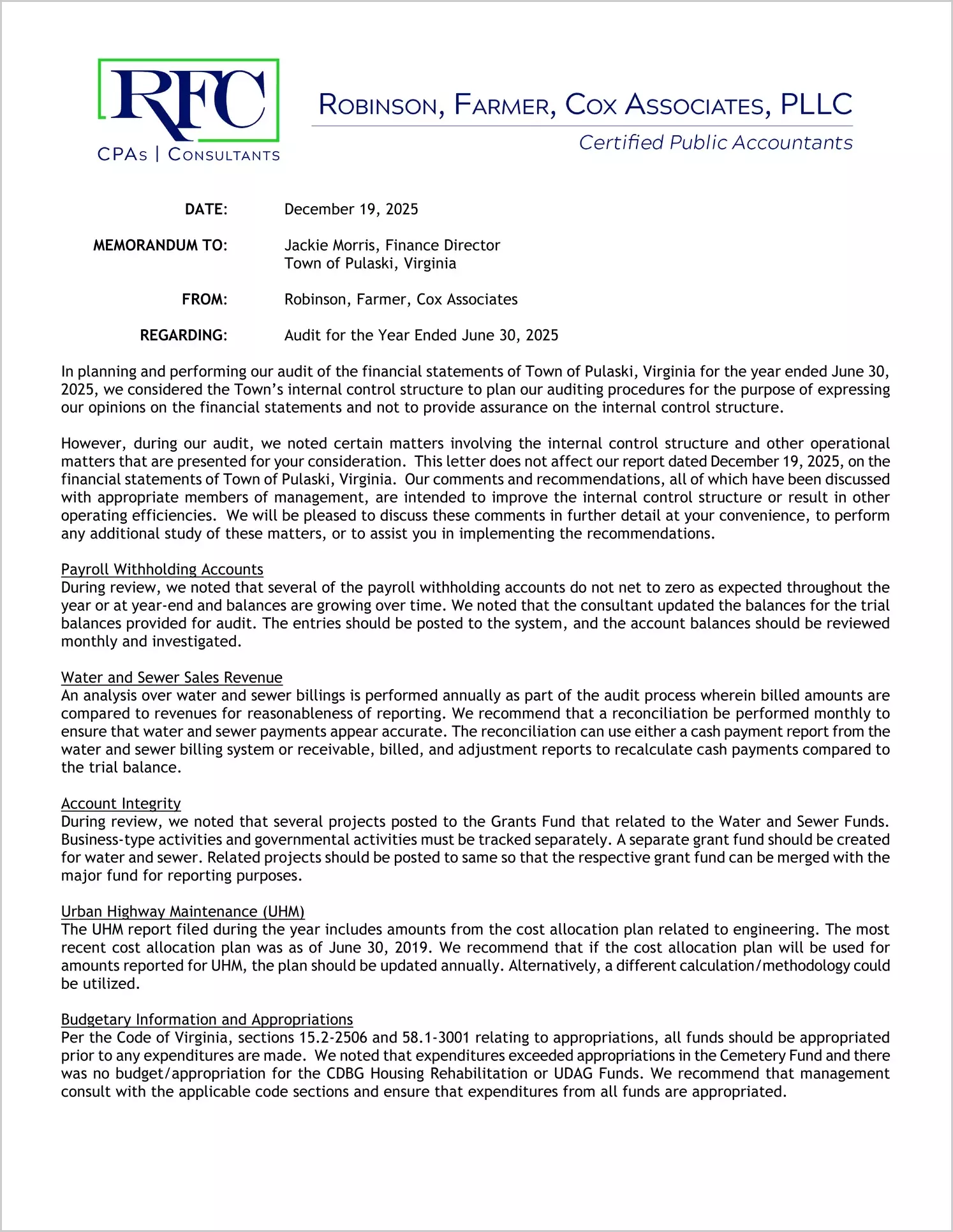 preview of 2025 Management Letter for Town of Pulaski