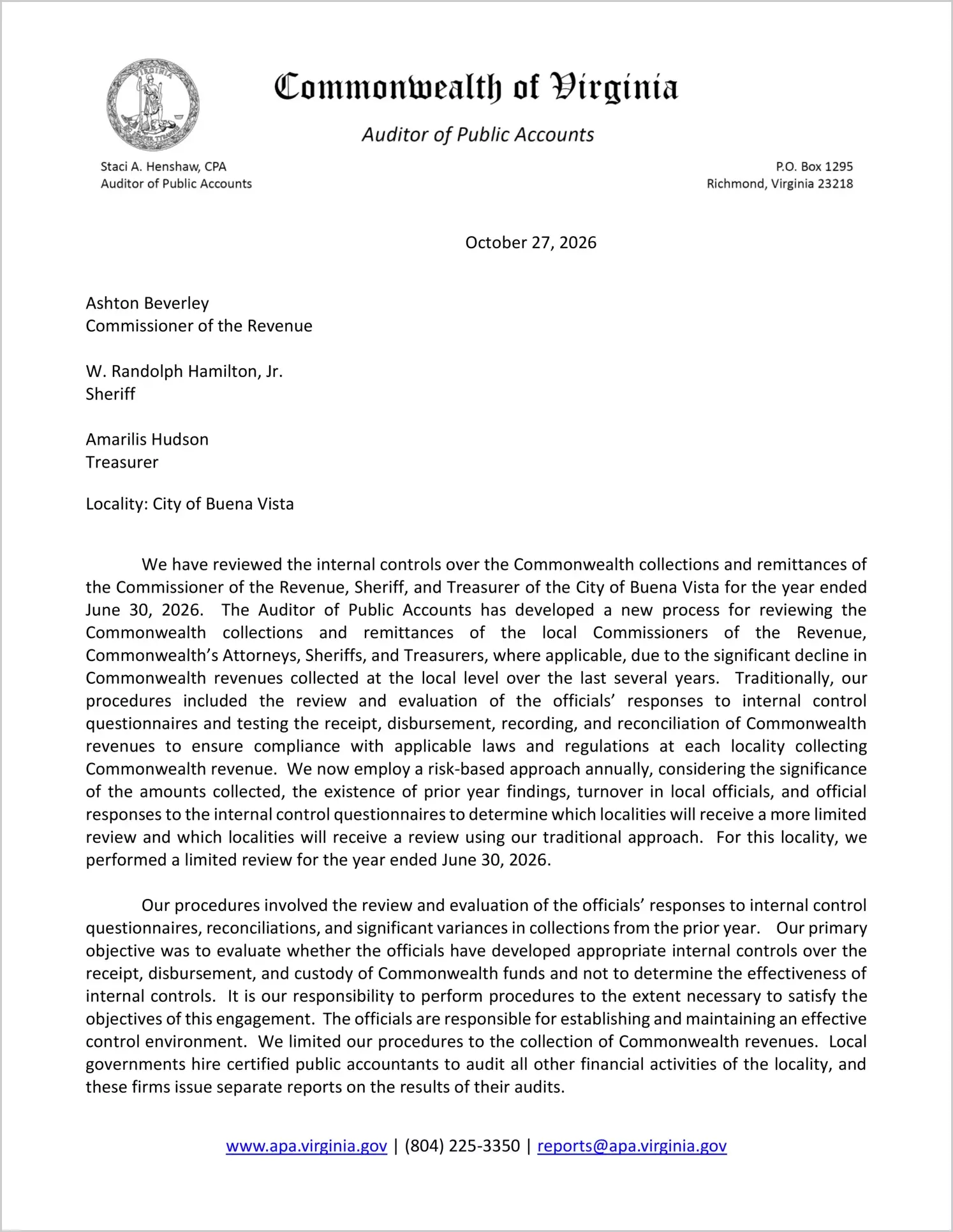 preview of Commonwealth Collections and Remittances of the Commissioner of the Revenue, Sheriff, and Treasurer for the City of Buena Vista for the year ended June 30, 2026