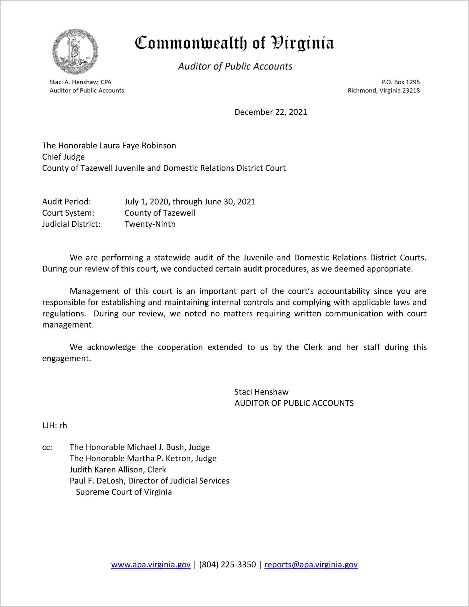Juvenile and Domestic Relations Court for the County of Tazewell for the period July 1, 2020 through June 30, 2021