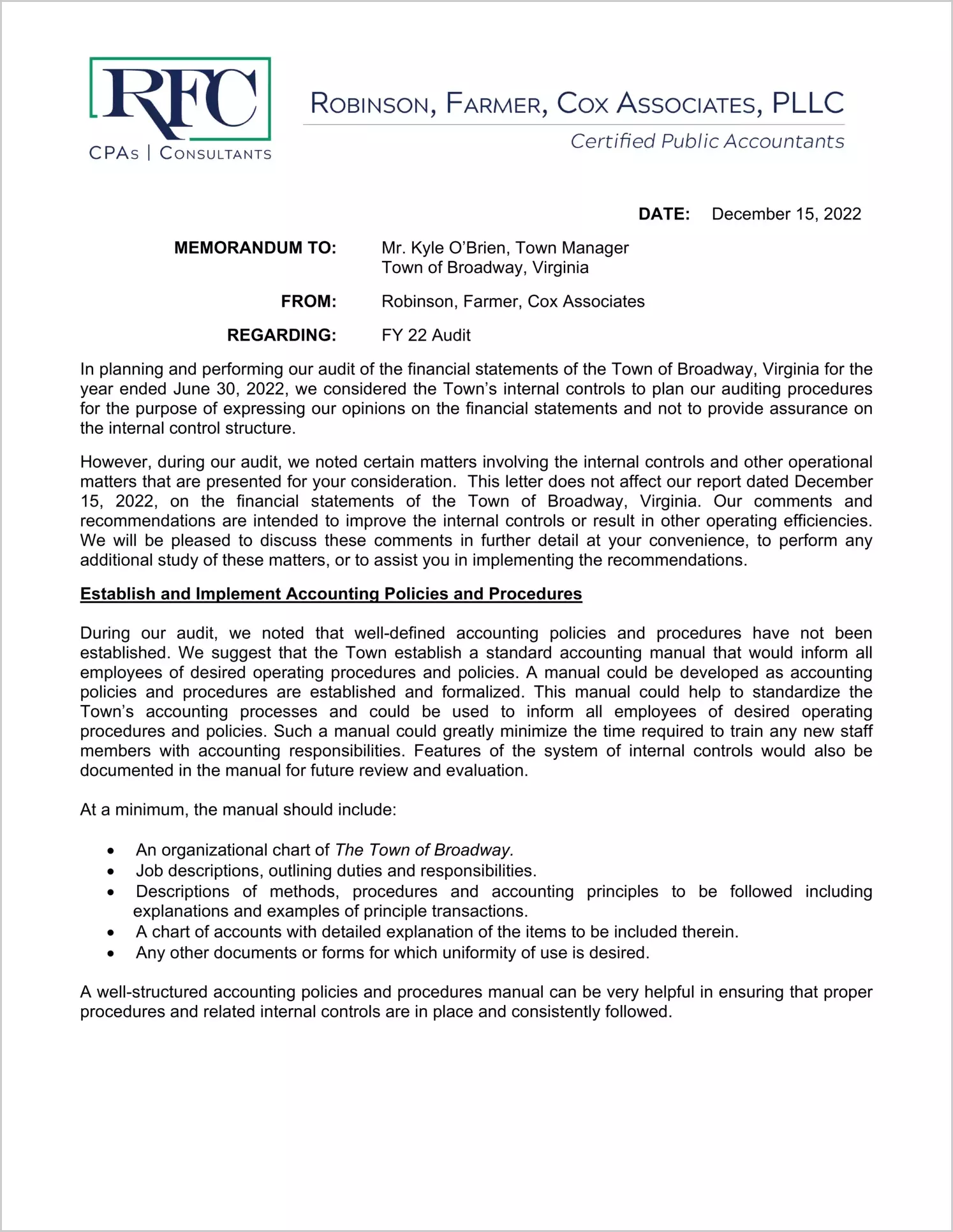 preview of 2022 Management Letter for Town of Broadway